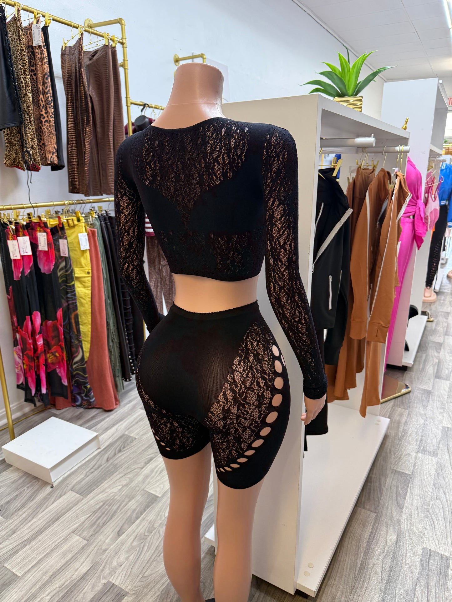 Midnight Temptation Lace Set – Sheer Cutout Crop Top & Biker Shorts