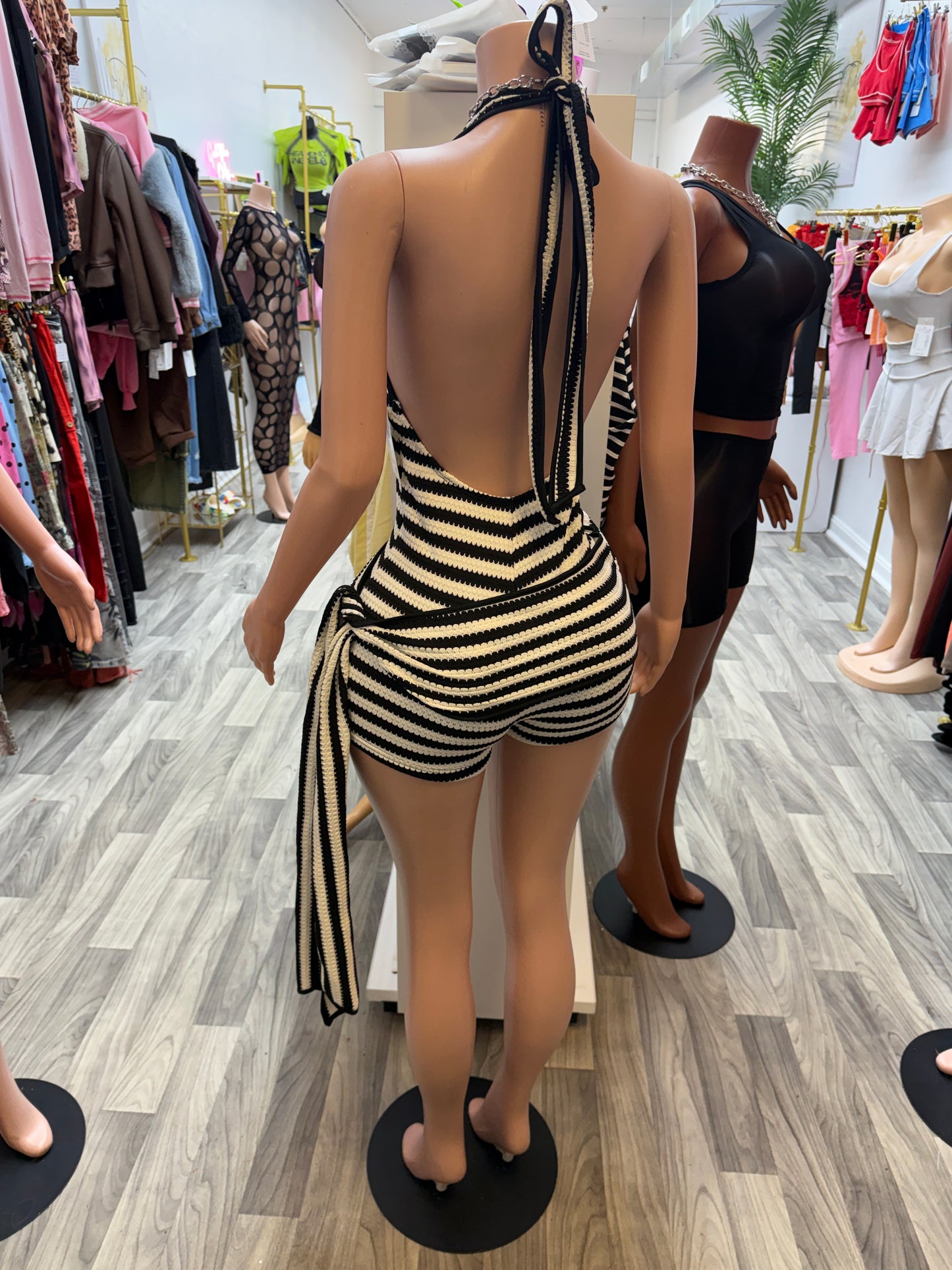 Monaco Muse Striped Halter Romper with Side Sash – Black/White