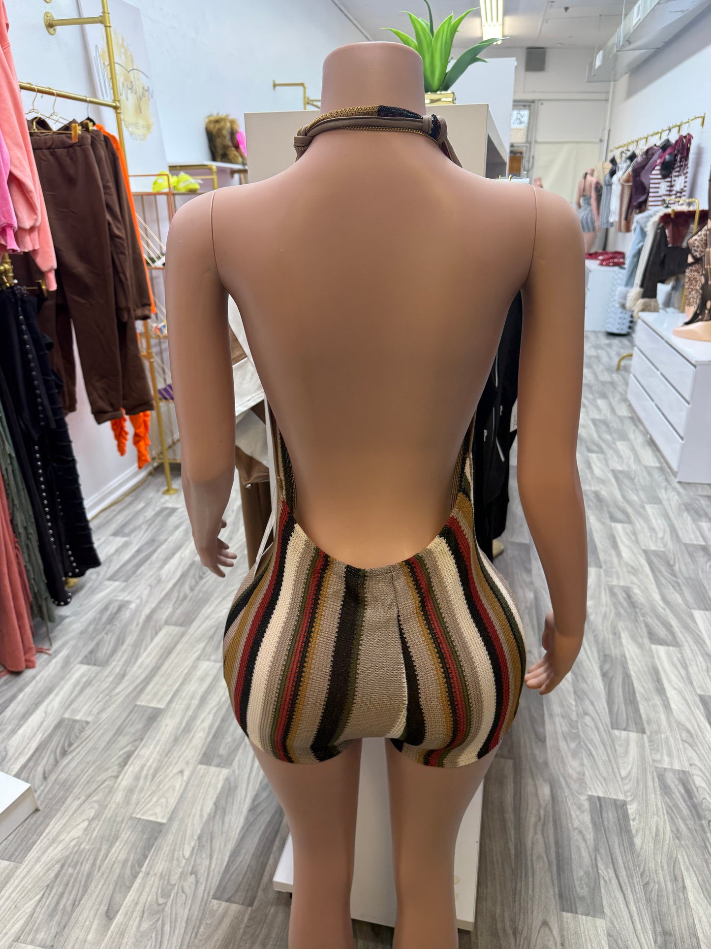 Island Heat Plunge Romper – Backless Halter Bodycon