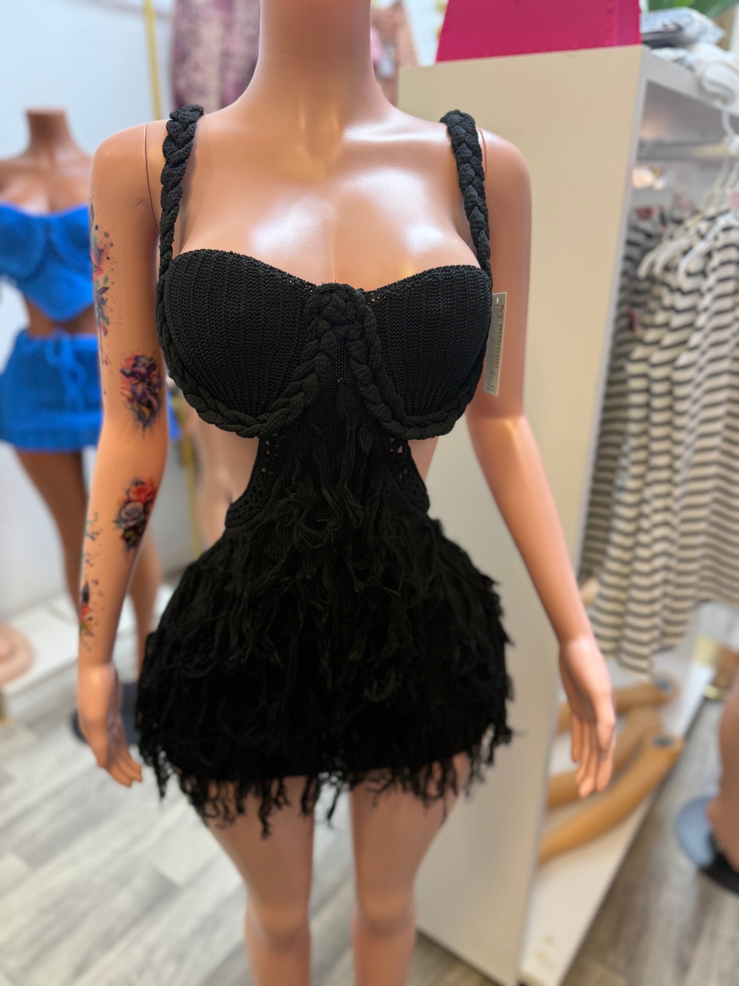 Midnight Muse Crochet Cutout Fringe Mini Dress