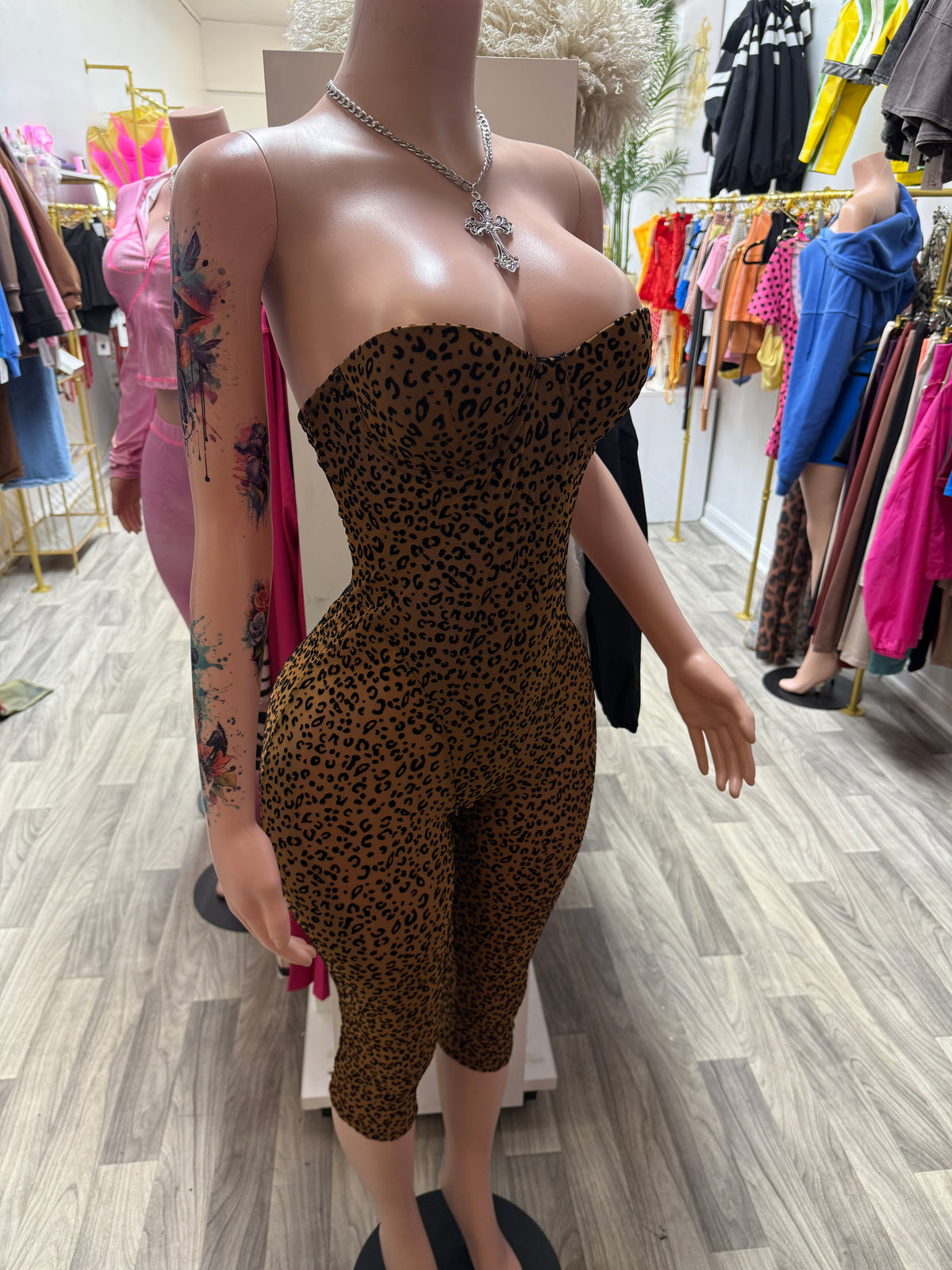 Wild Temptation Leopard Print Strapless Corset Capri Romper β Brown