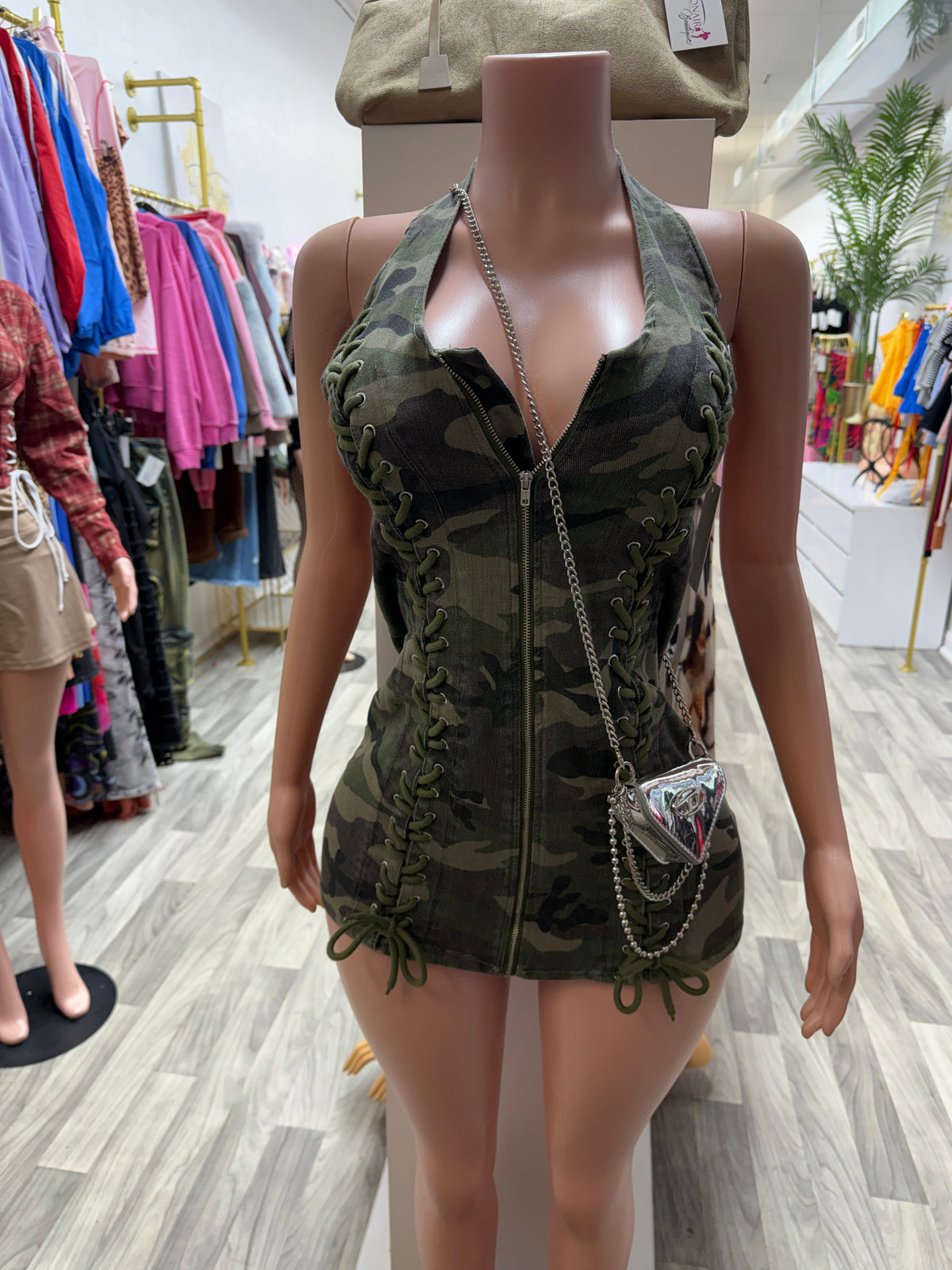 Mission Ready Camo Lace-Up Halter Mini Dress