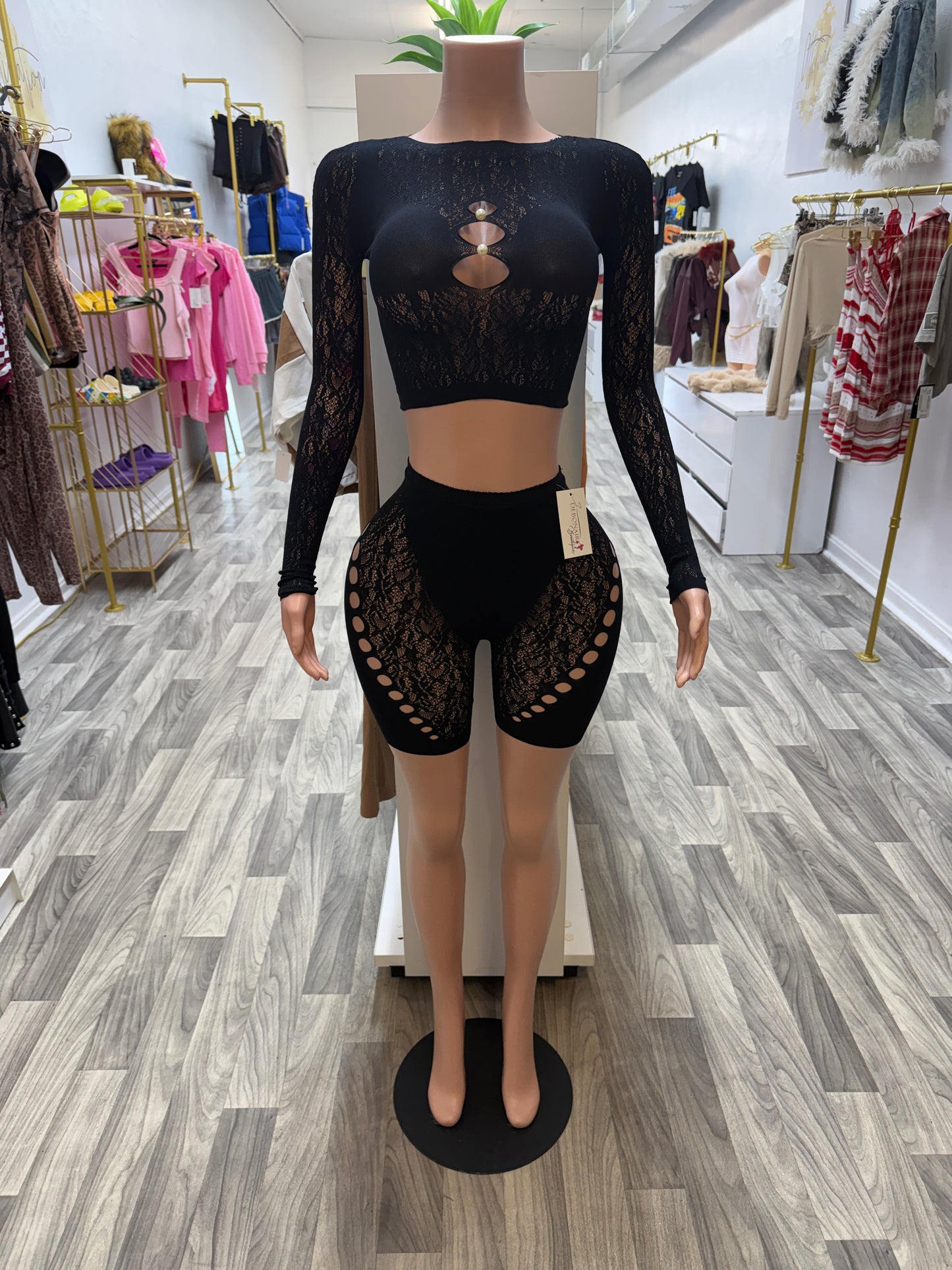 Midnight Temptation Lace Set – Sheer Cutout Crop Top & Biker Shorts