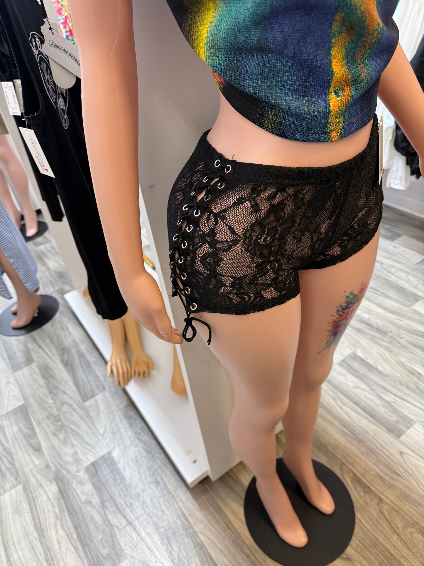 Midnight Muse Lace-Up Lace Shorts – Black