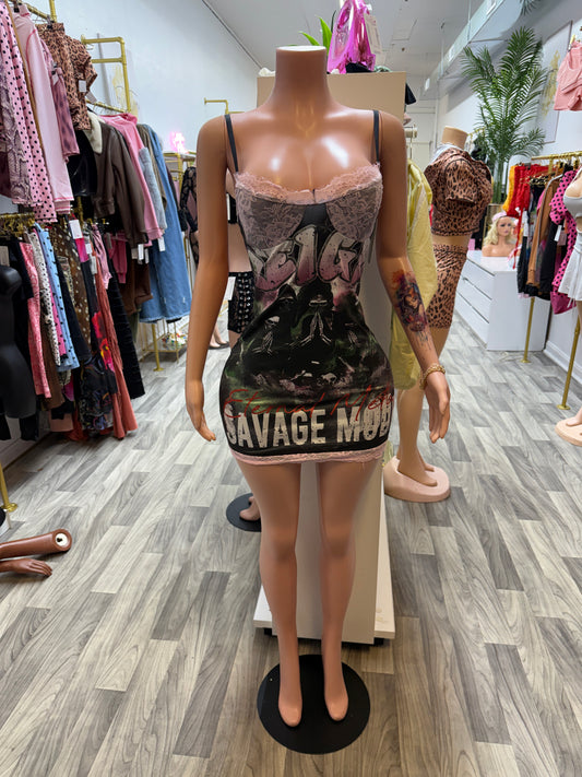 Savage Mode Lace Trim Graphic Bodycon Mini Dress – Black/Pink