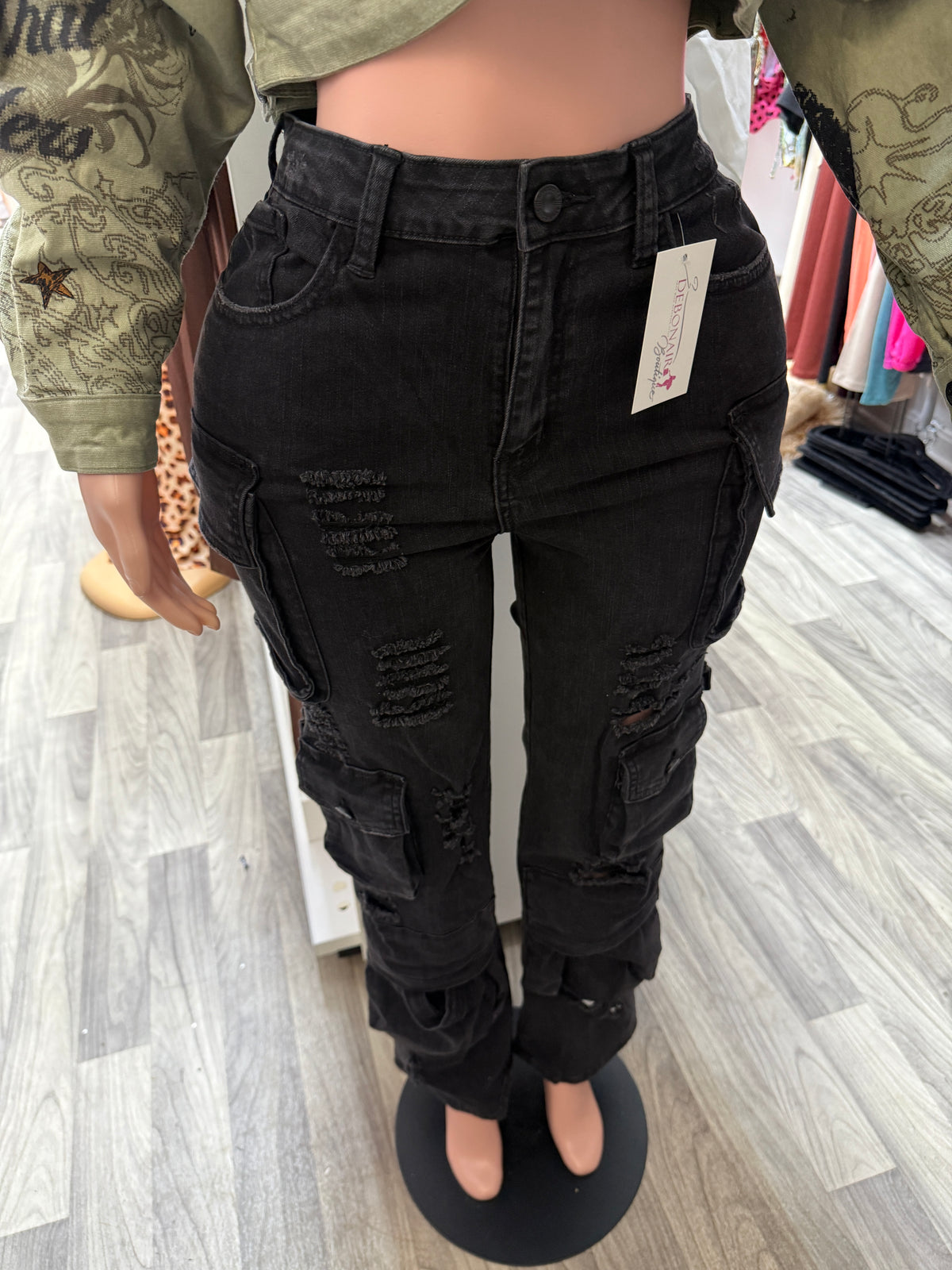 Stacked Up Stretch Cargo Jeans – Black
