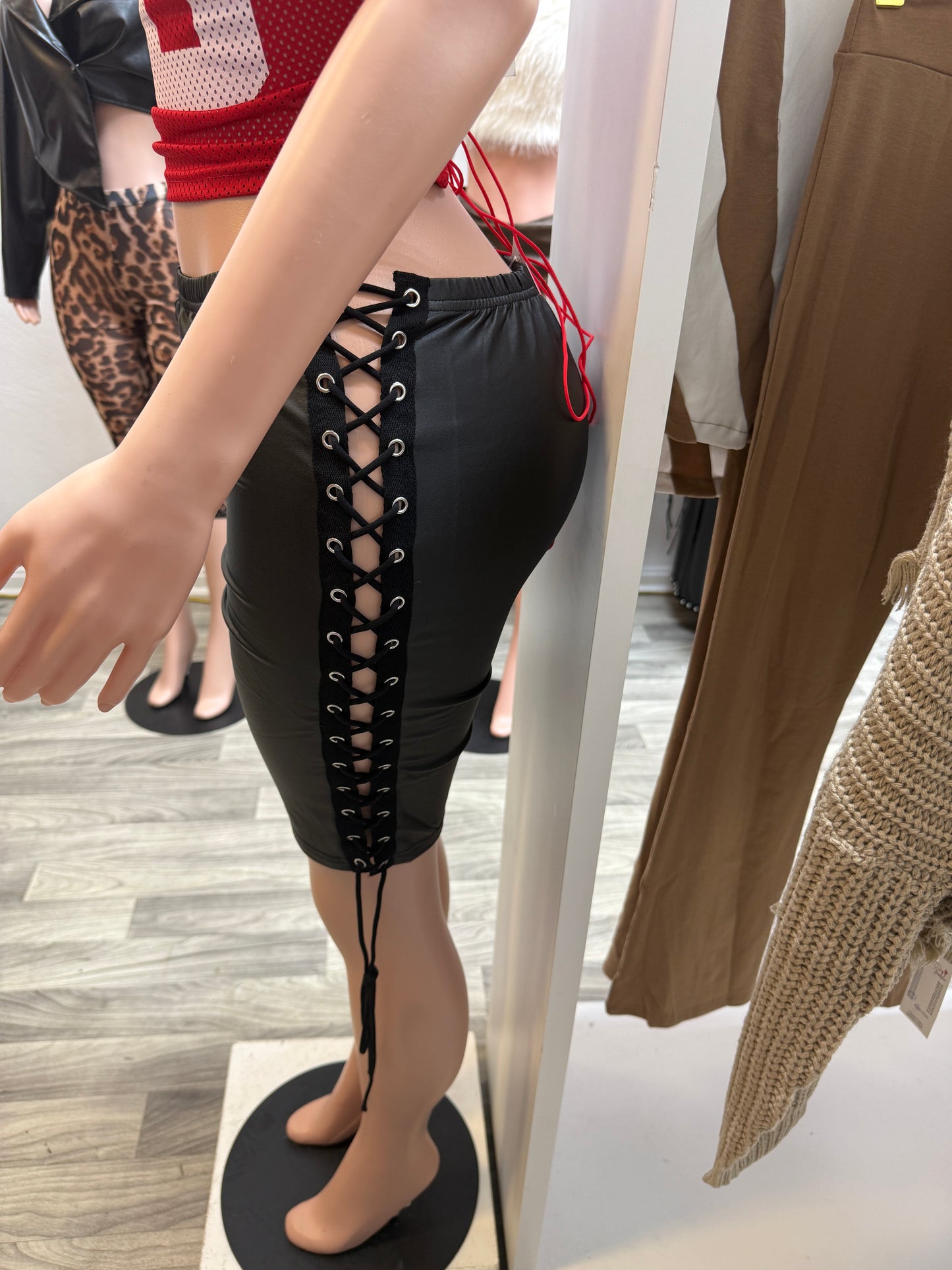 Lace-Up Curve Snatching Faux Leather Biker Shorts (Side Detail)