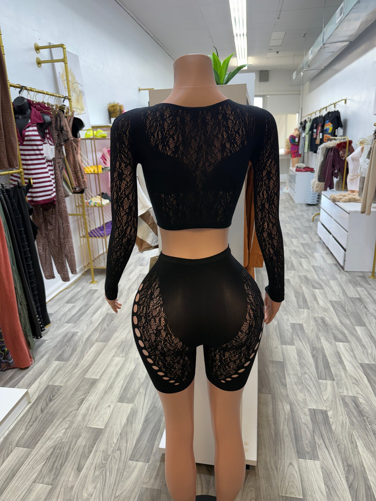 Midnight Temptation Lace Set – Sheer Cutout Crop Top & Biker Shorts