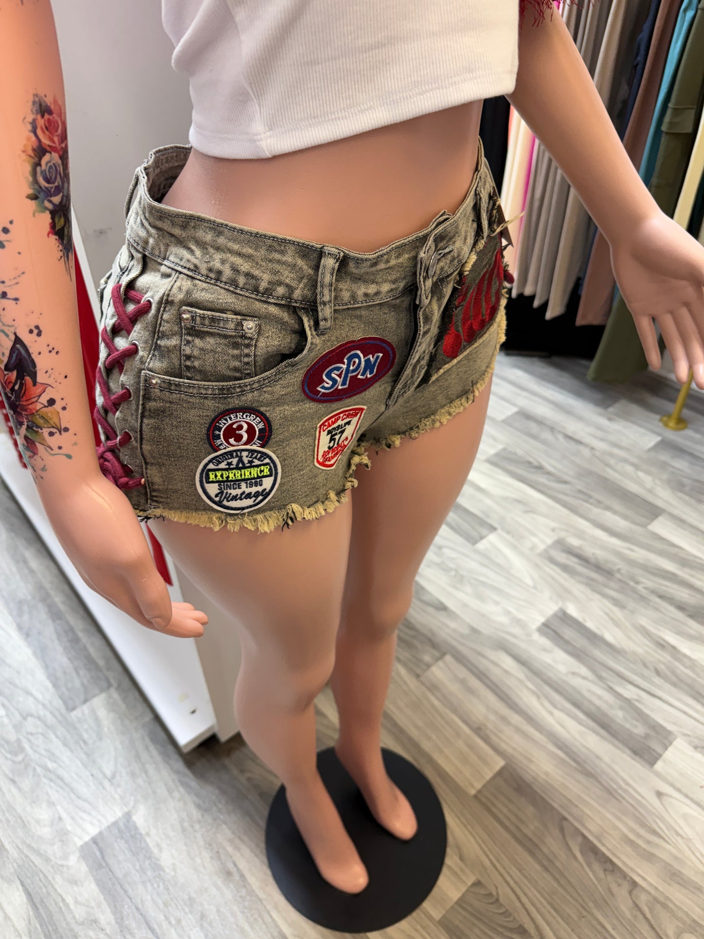 Fast Lane Patchwork Lace-Up Denim Shorts 🔥🖤