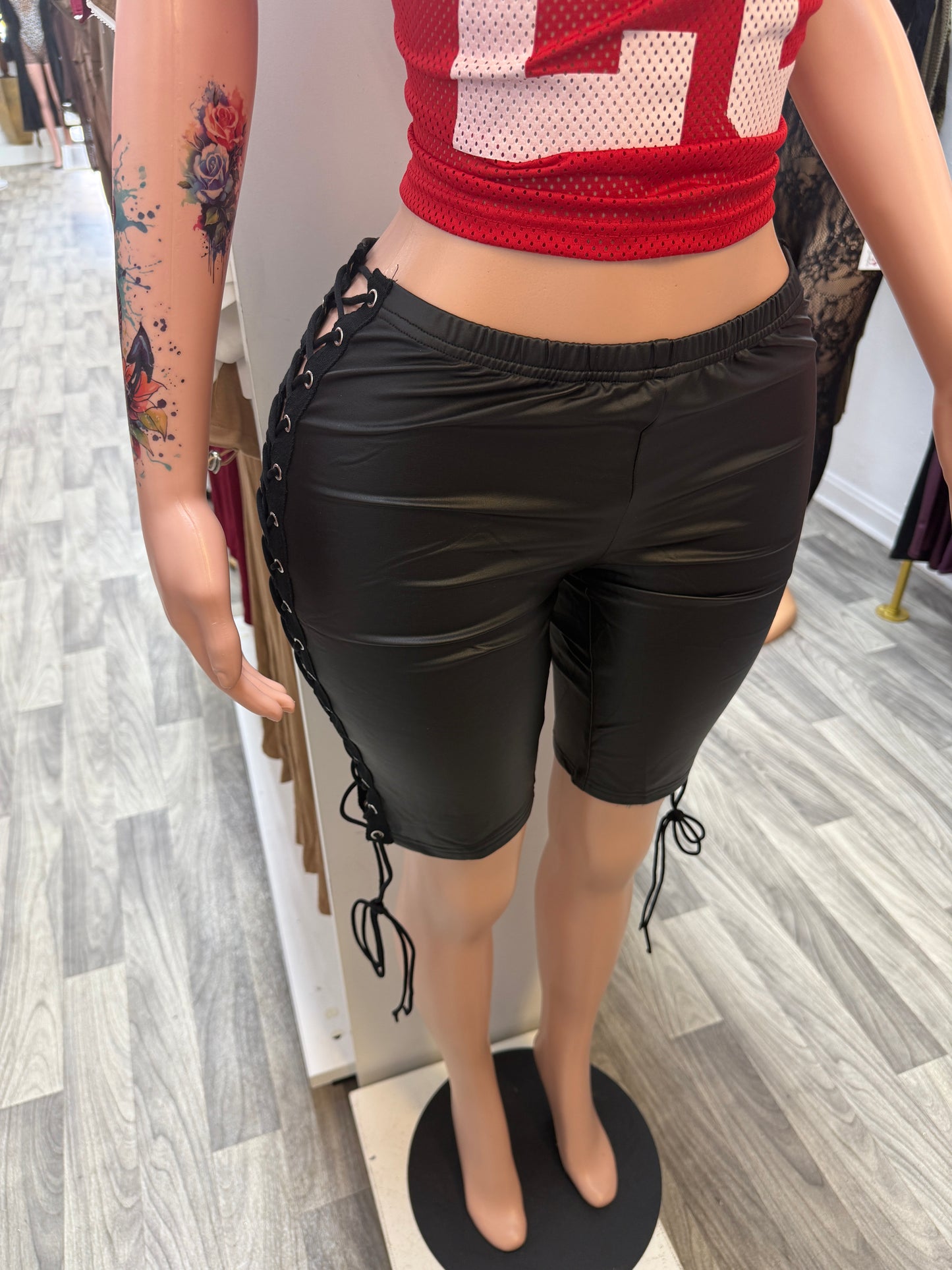 Lace-Up Curve Snatching Faux Leather Biker Shorts (Side Detail)