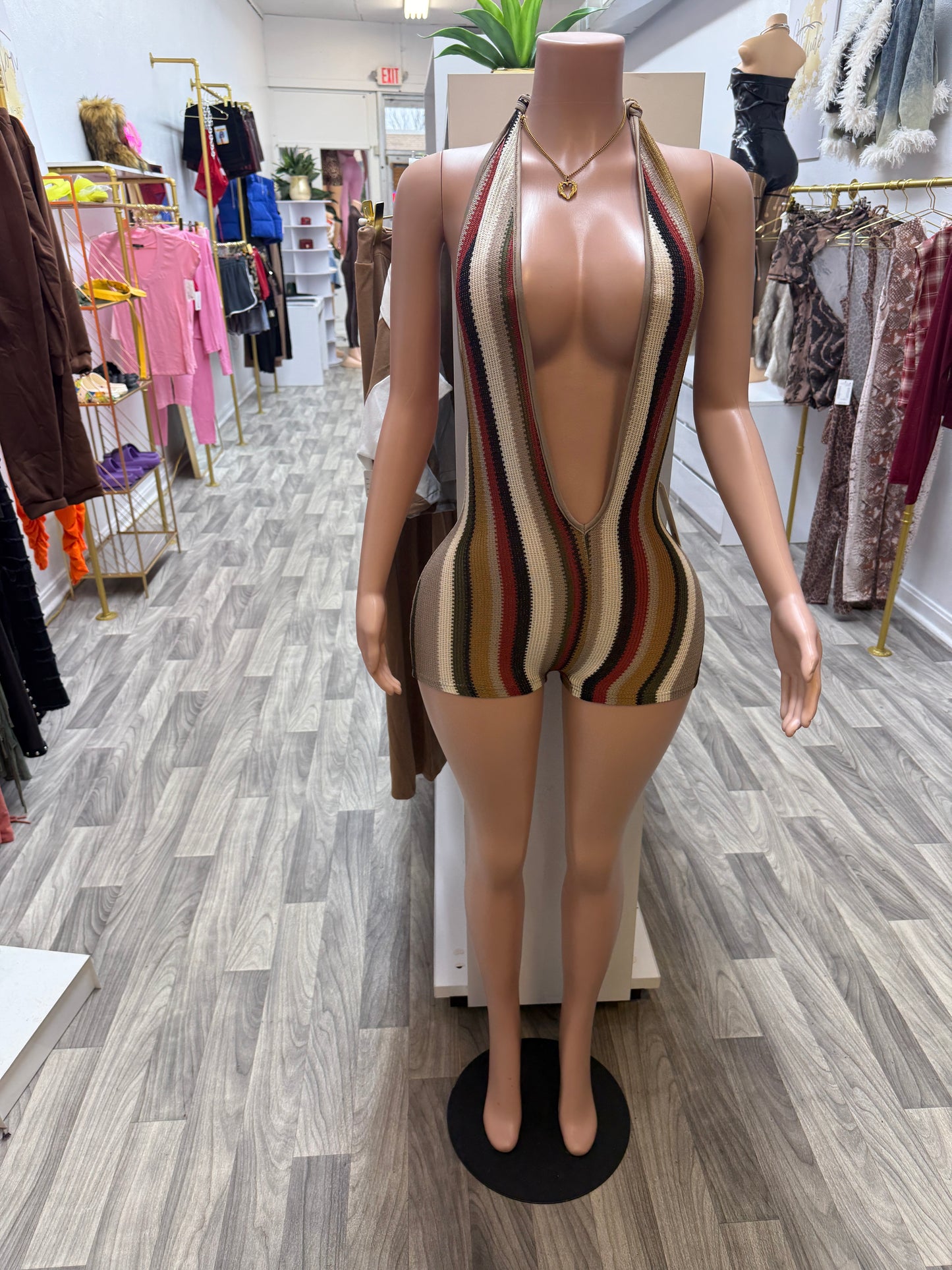 Island Heat Plunge Romper – Backless Halter Bodycon