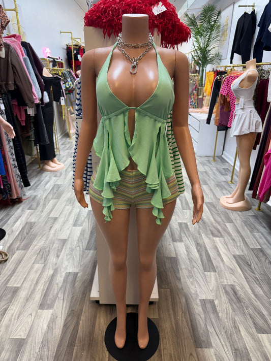 Island Breeze Halter Top & Crochet Knit Shorts Set – Mint Multi
