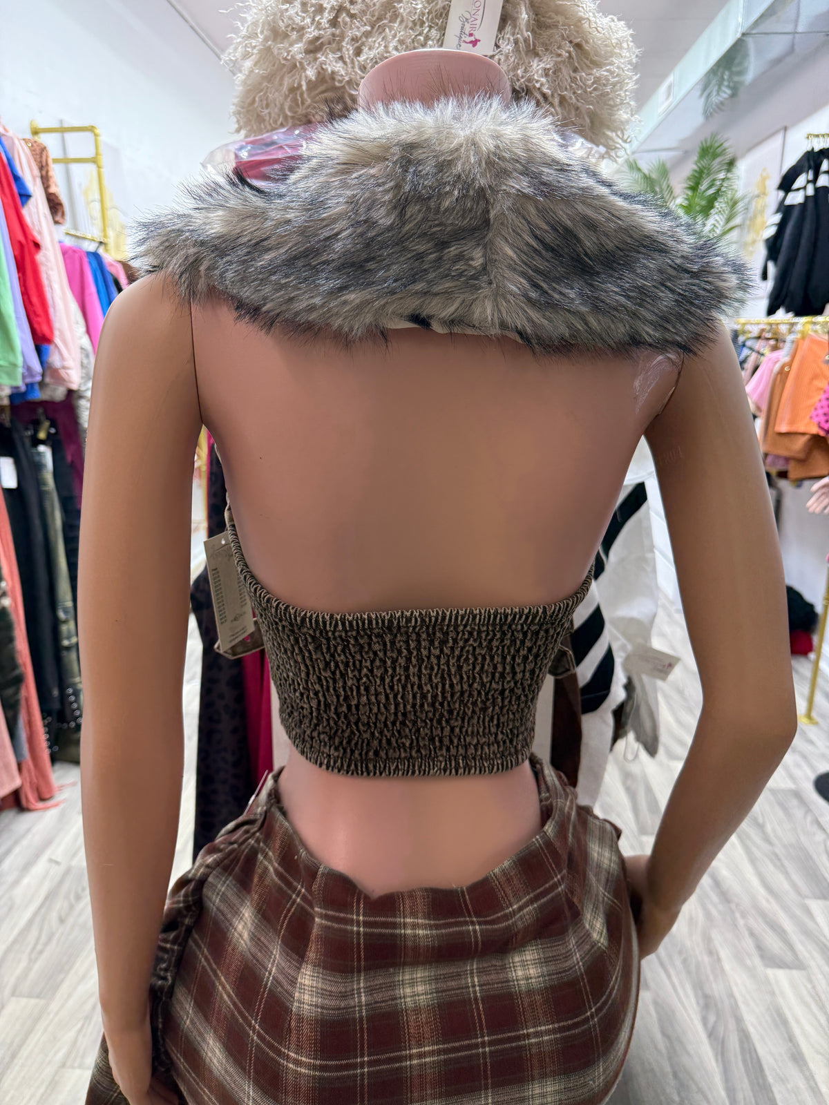 Wild Luxe Removable Fur Denim Corset Top – Taupe