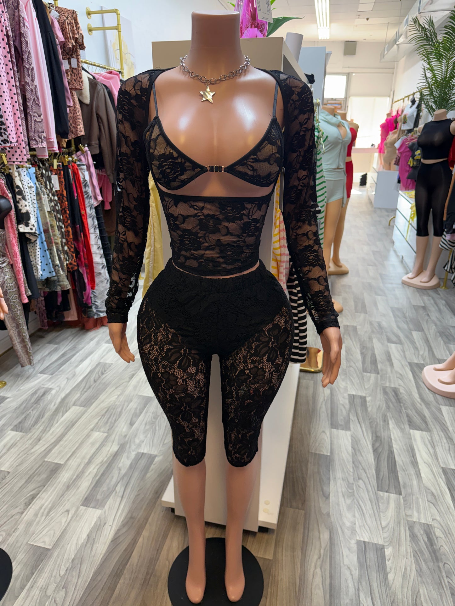 Midnight Temptation 3-Piece Lace Set – Black