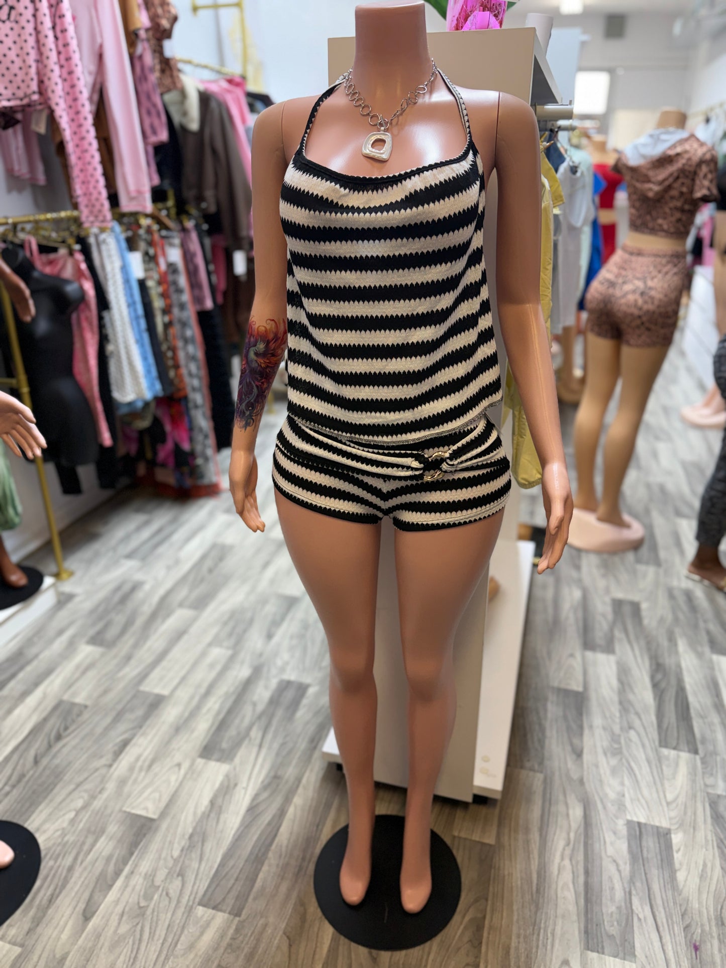 Coastal Chic Crochet Stripe Halter Shorts Set
