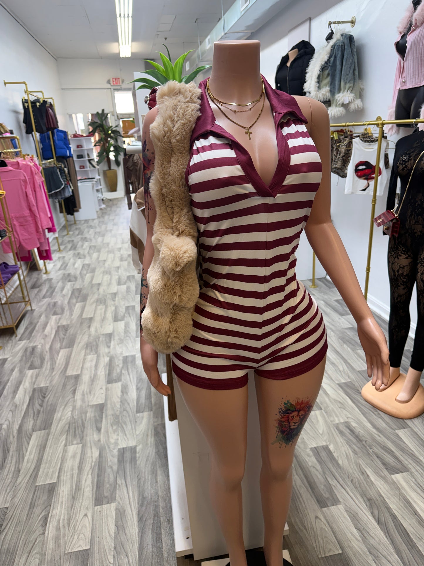 Snatched & Striped Collared Romper – Deep V Bodycon Shorts Romper