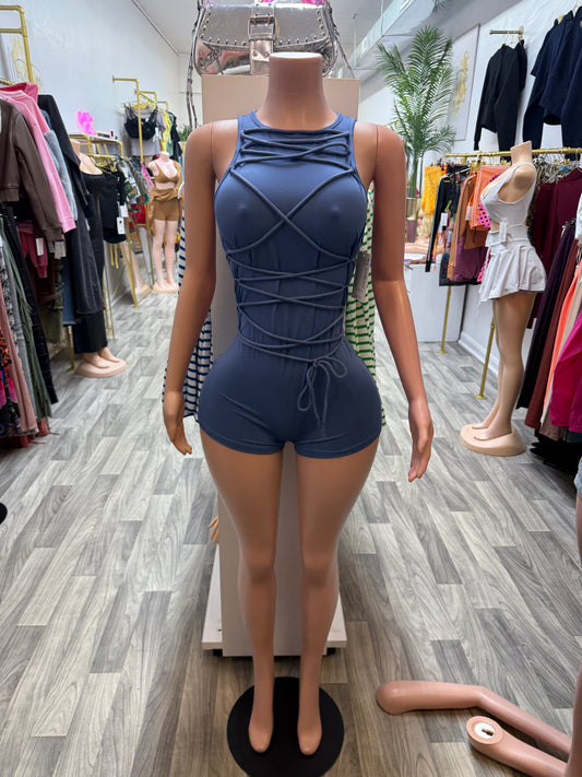Midnight Muse Lace-Up Romper – Slate Blue