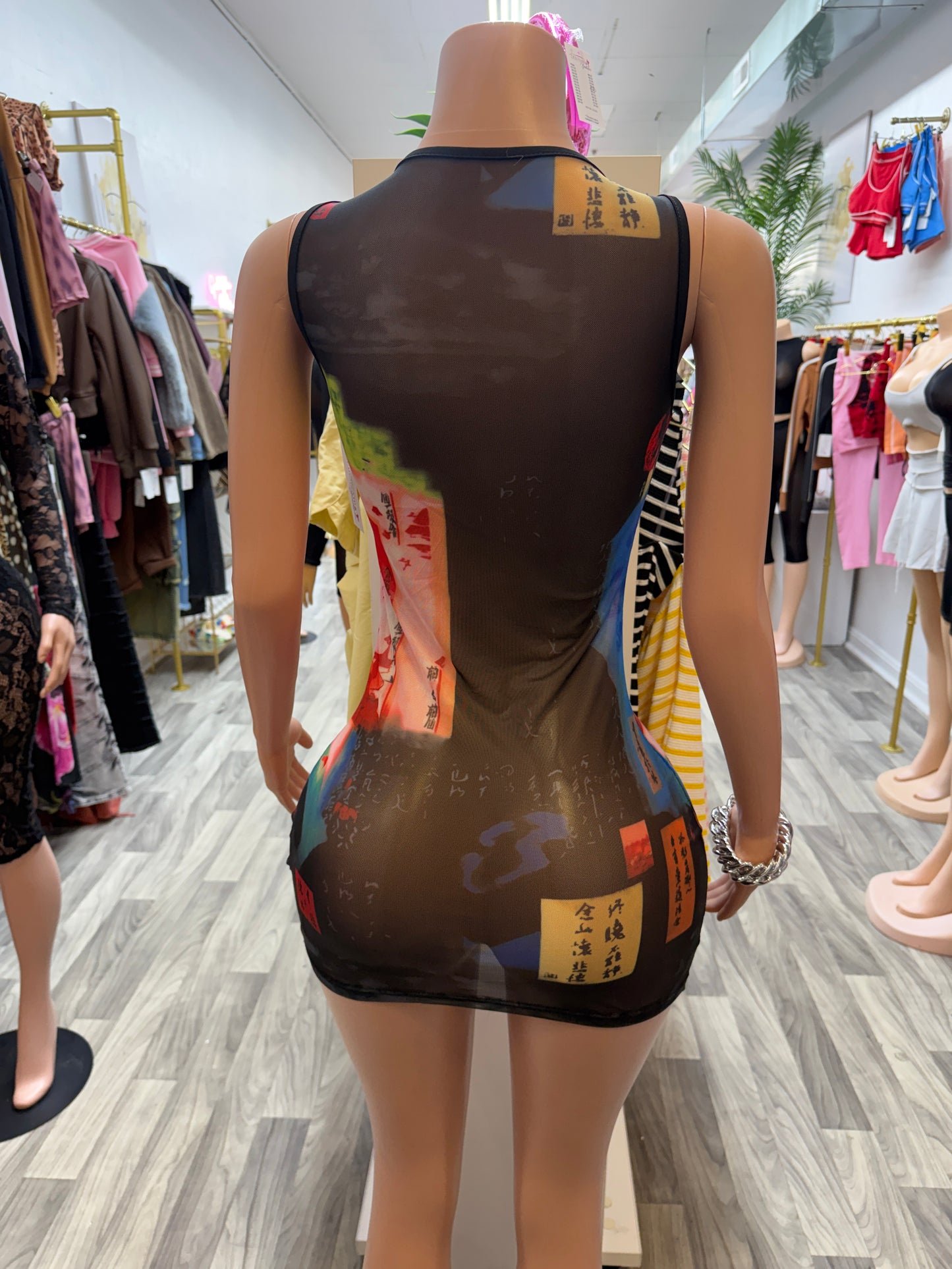 Kyoto Muse Sheer Mesh Bodycon Mini Dress – Black Multi