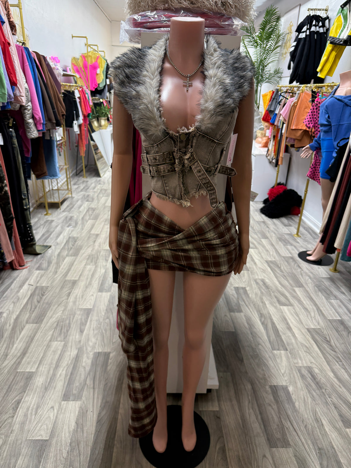 Wild Luxe Removable Fur Denim Corset Top – Taupe