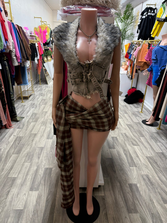 Wild Luxe Removable Fur Denim Corset Top – Taupe