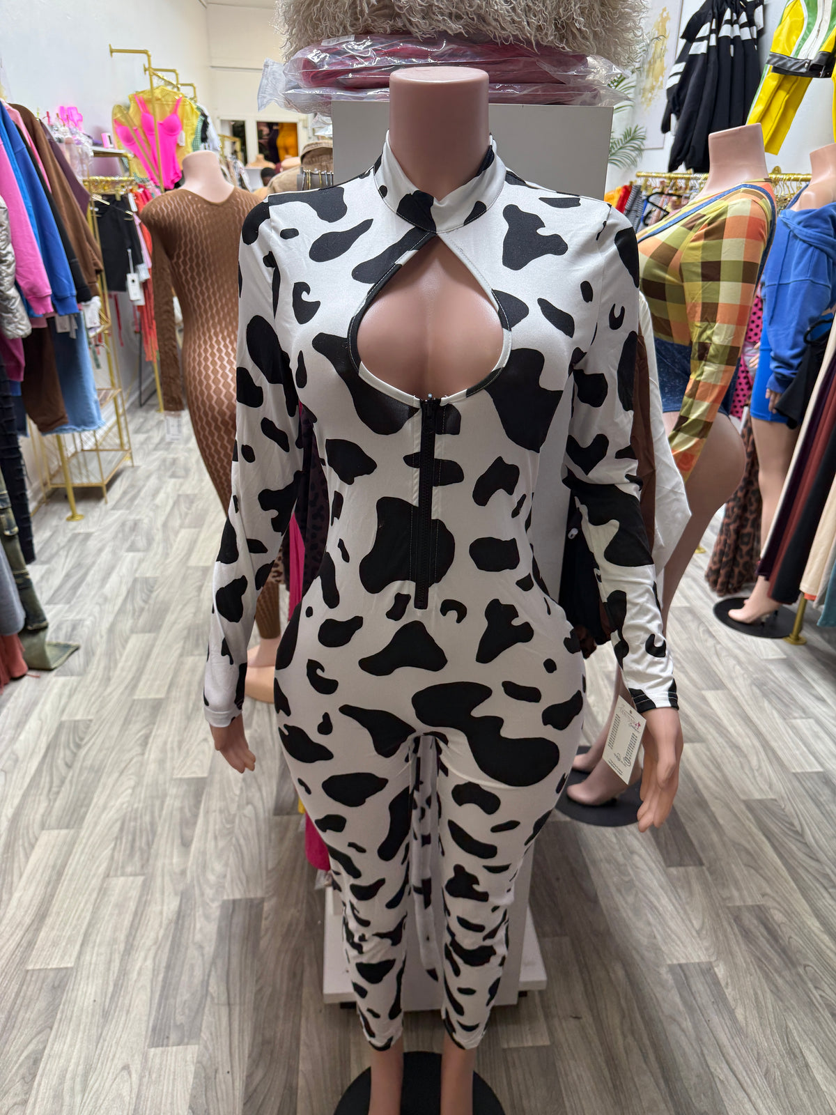 Moo’ve Over Sexy Cowgirl Halloween Costume – Cow Print Jumpsuit & Headband