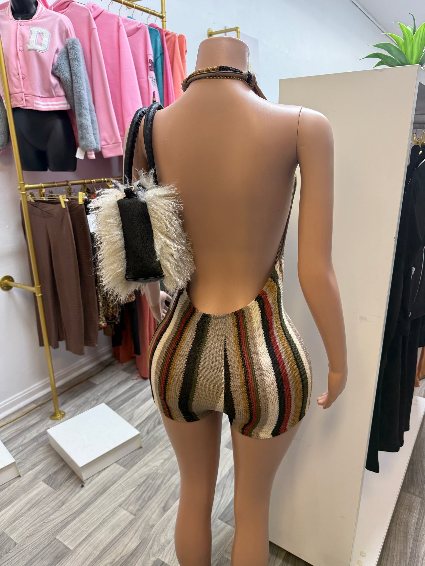 Island Heat Plunge Romper – Backless Halter Bodycon