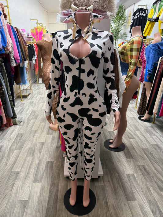 Moo’ve Over Sexy Cowgirl Halloween Costume – Cow Print Jumpsuit & Headband