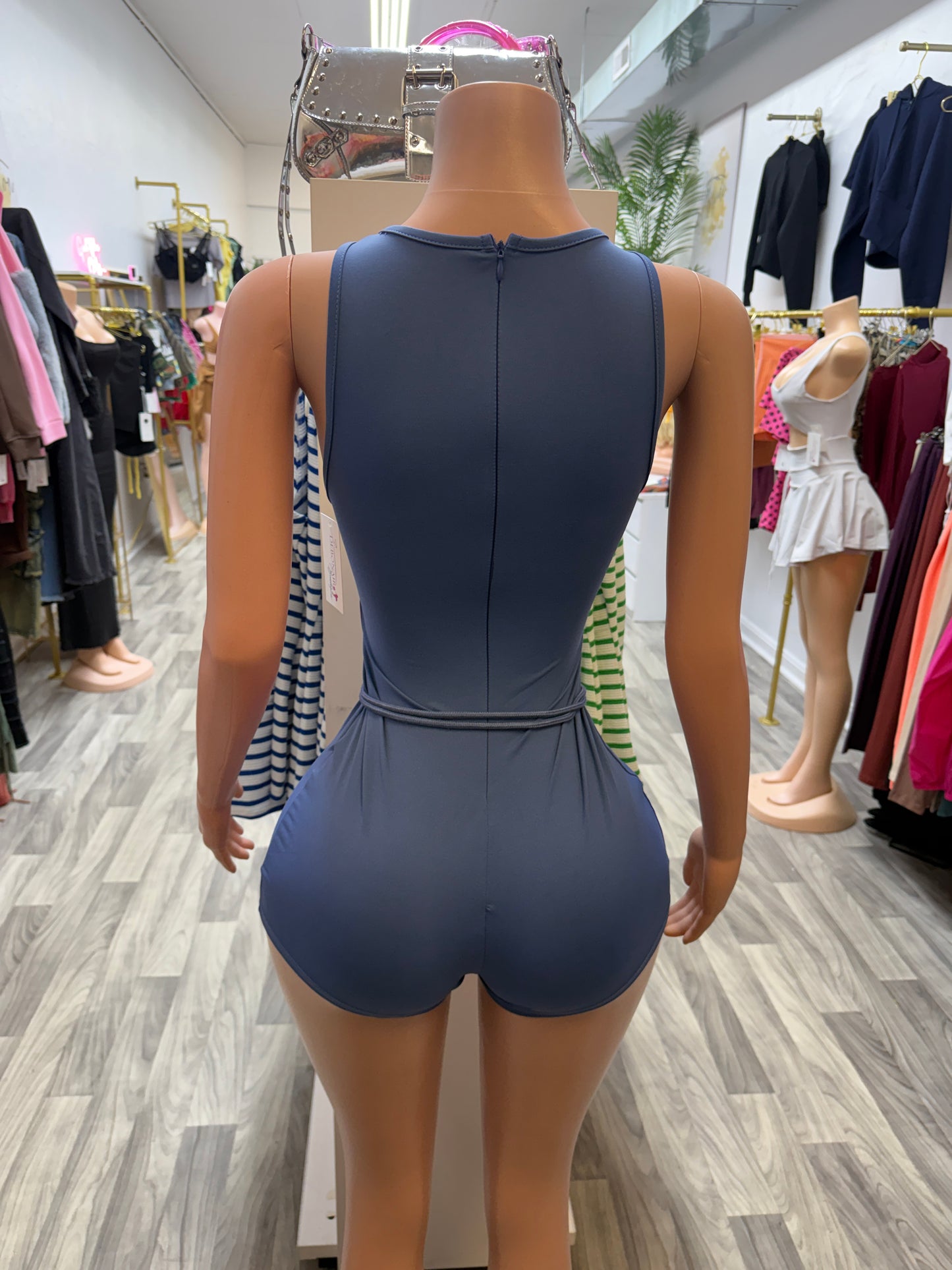Midnight Muse Lace-Up Romper – Slate Blue