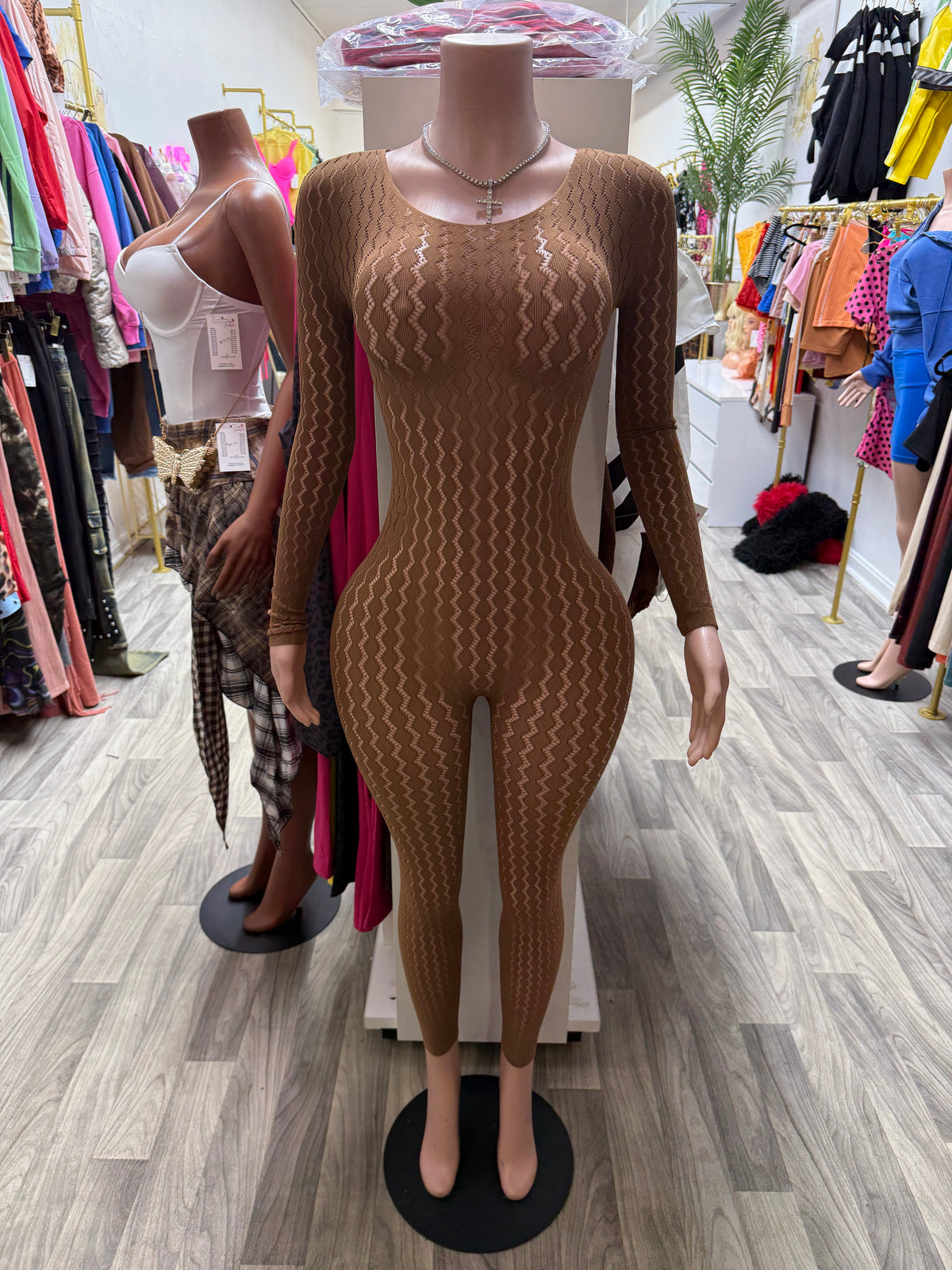 Second Skin Crochet Mesh Jumpsuit – Mocha