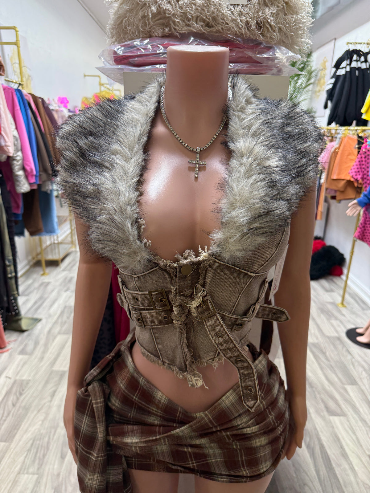 Wild Luxe Removable Fur Denim Corset Top – Taupe