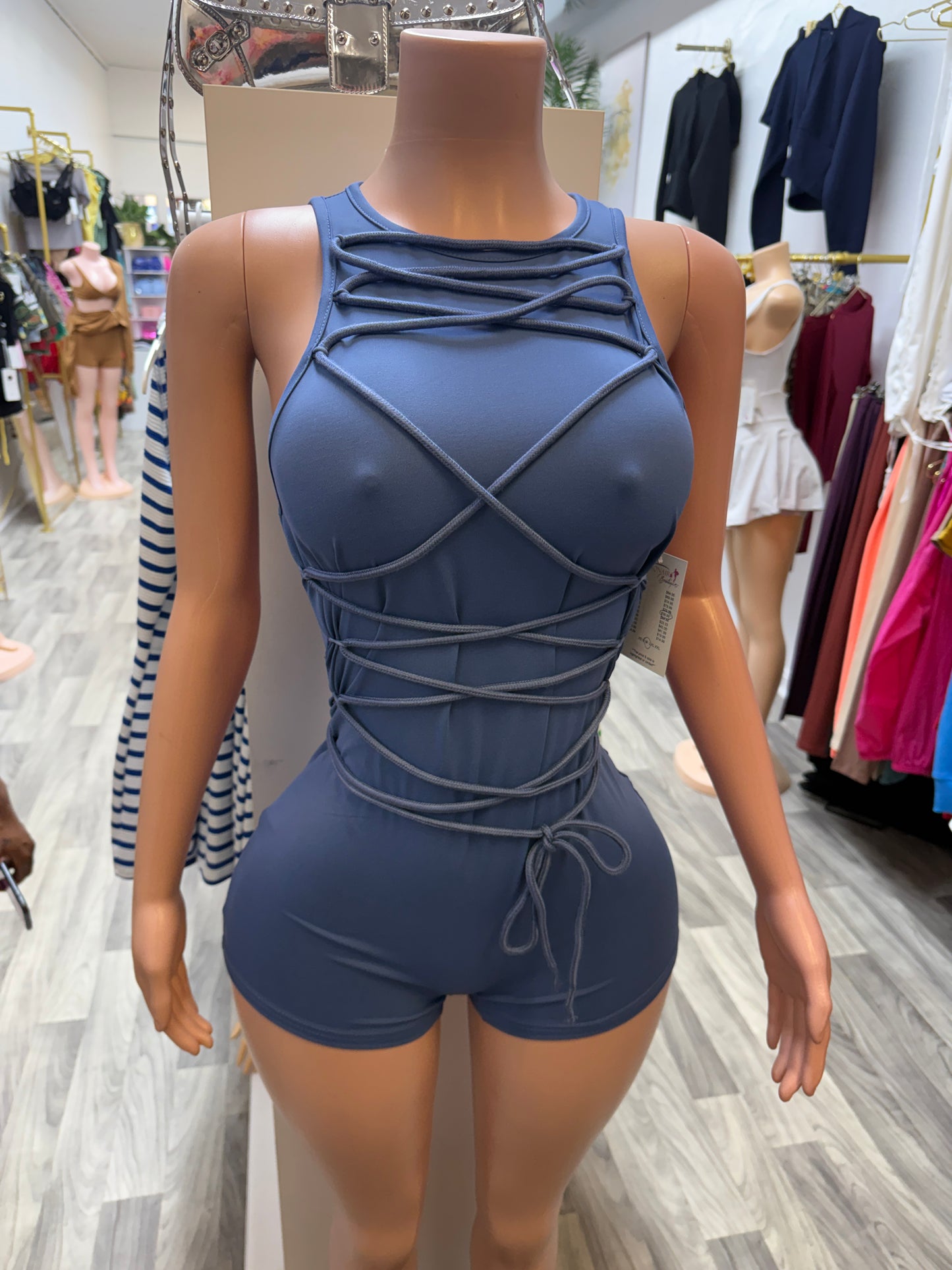 Midnight Muse Lace-Up Romper – Slate Blue