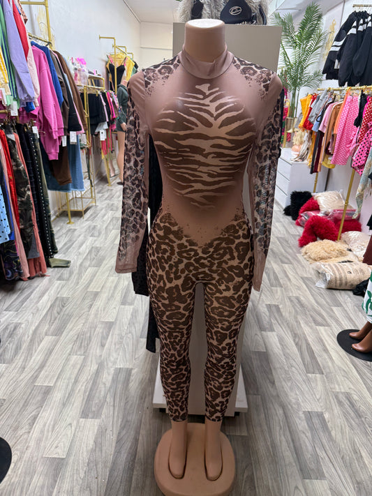 Wild Instinct Leopard Mesh Jumpsuit