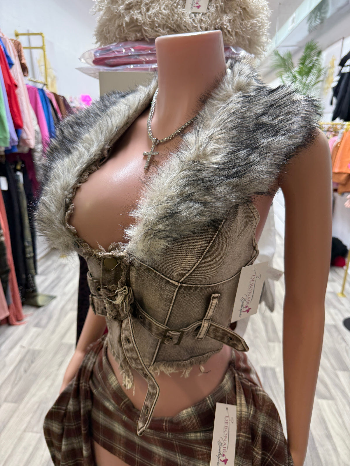 Wild Luxe Removable Fur Denim Corset Top – Taupe