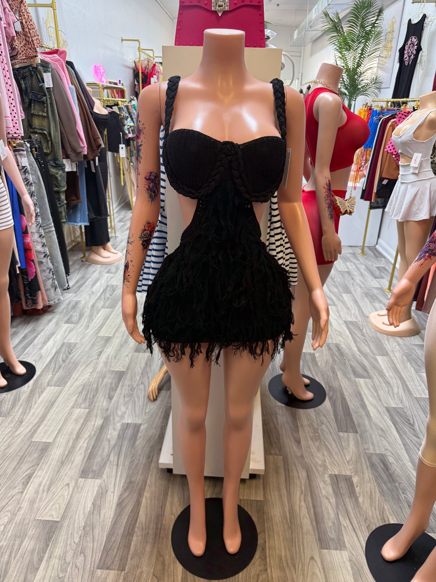 Midnight Muse Crochet Cutout Fringe Mini Dress