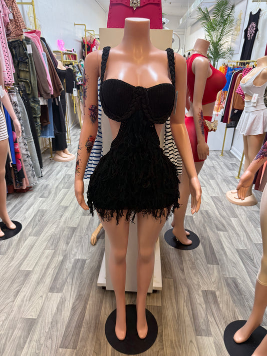 Midnight Muse Crochet Cutout Fringe Mini Dress