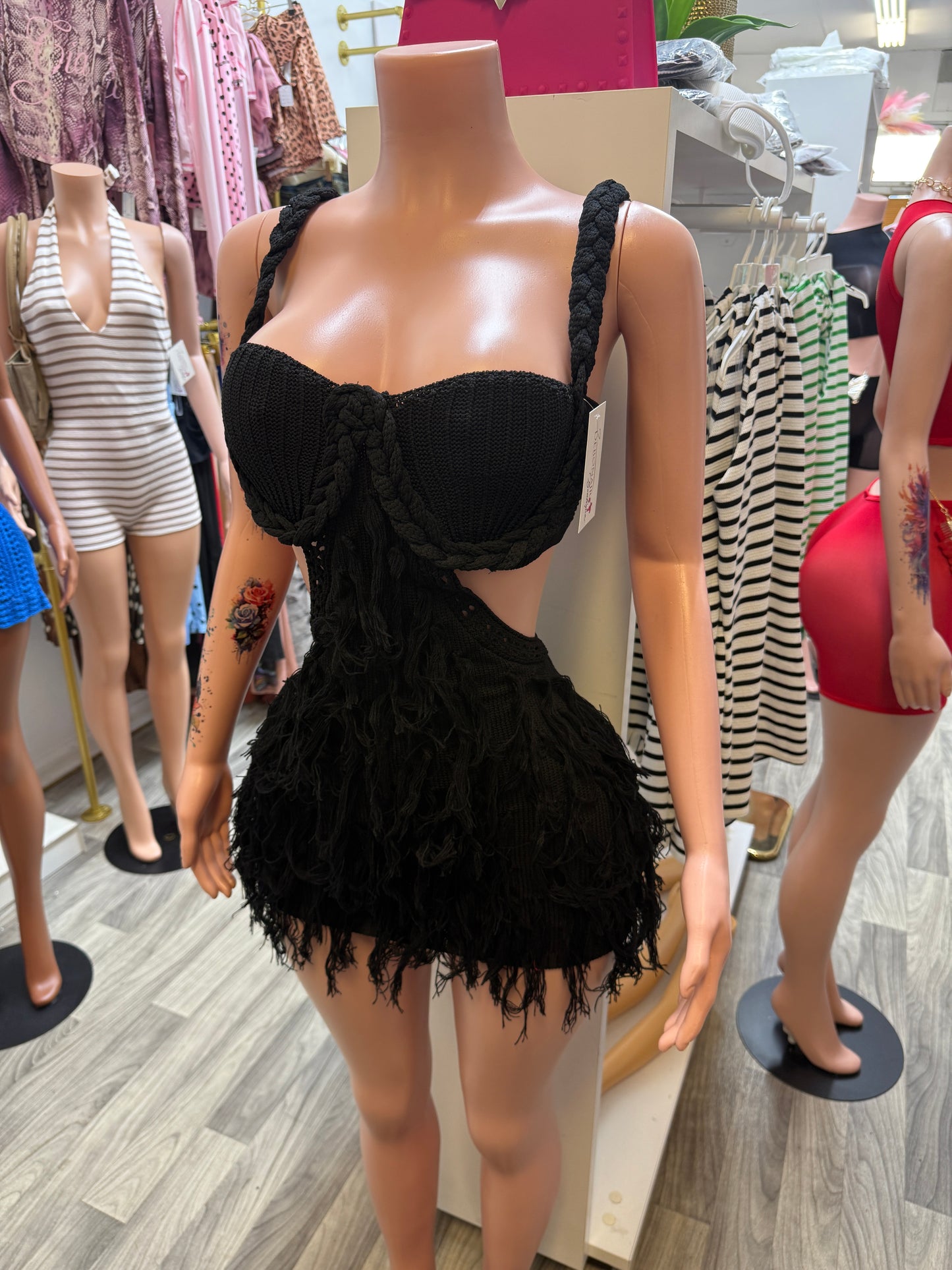 Midnight Muse Crochet Cutout Fringe Mini Dress