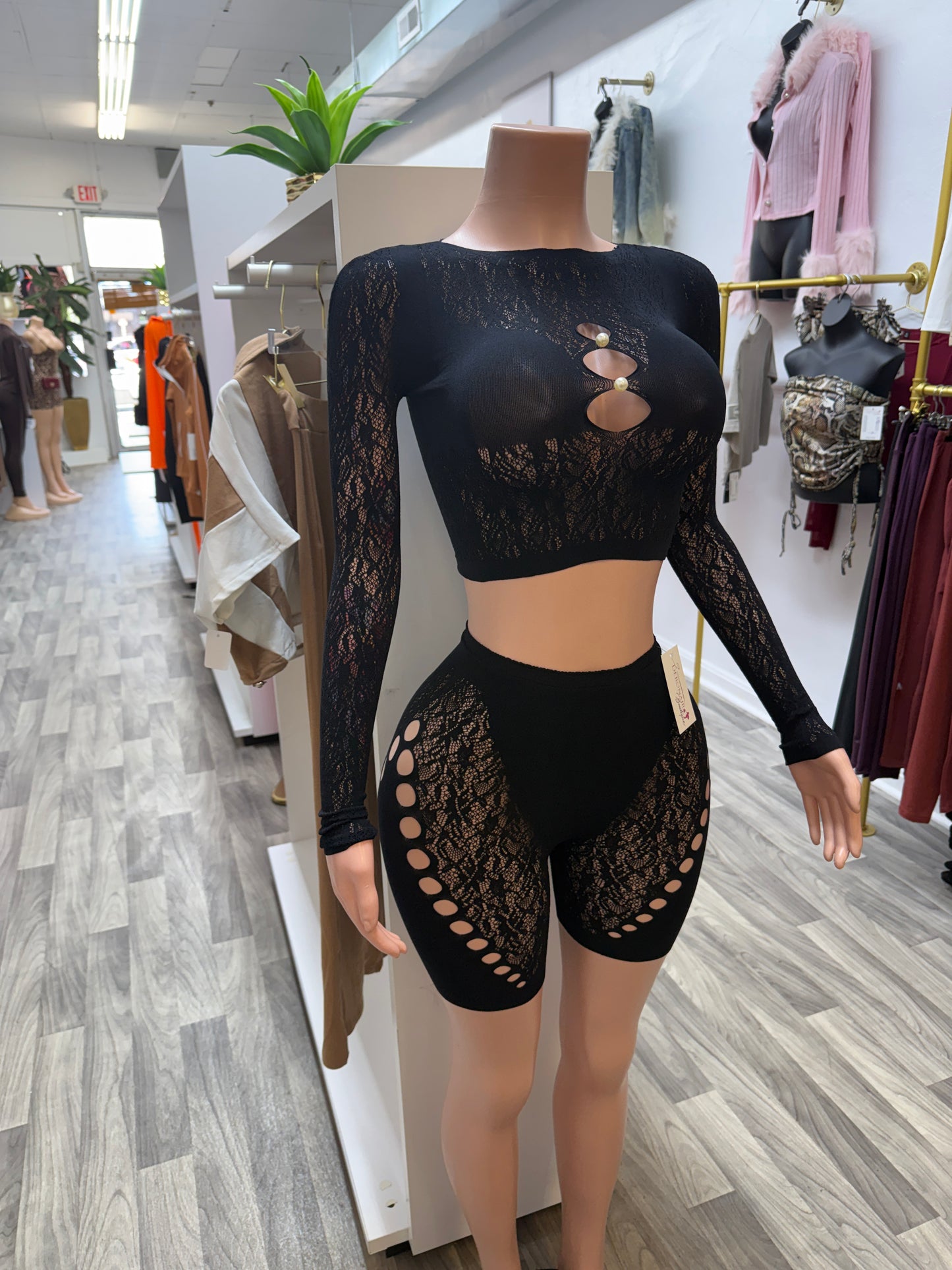 Midnight Temptation Lace Set – Sheer Cutout Crop Top & Biker Shorts
