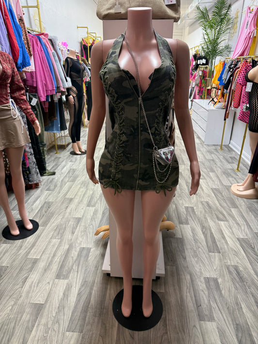 Mission Ready Camo Lace-Up Halter Mini Dress