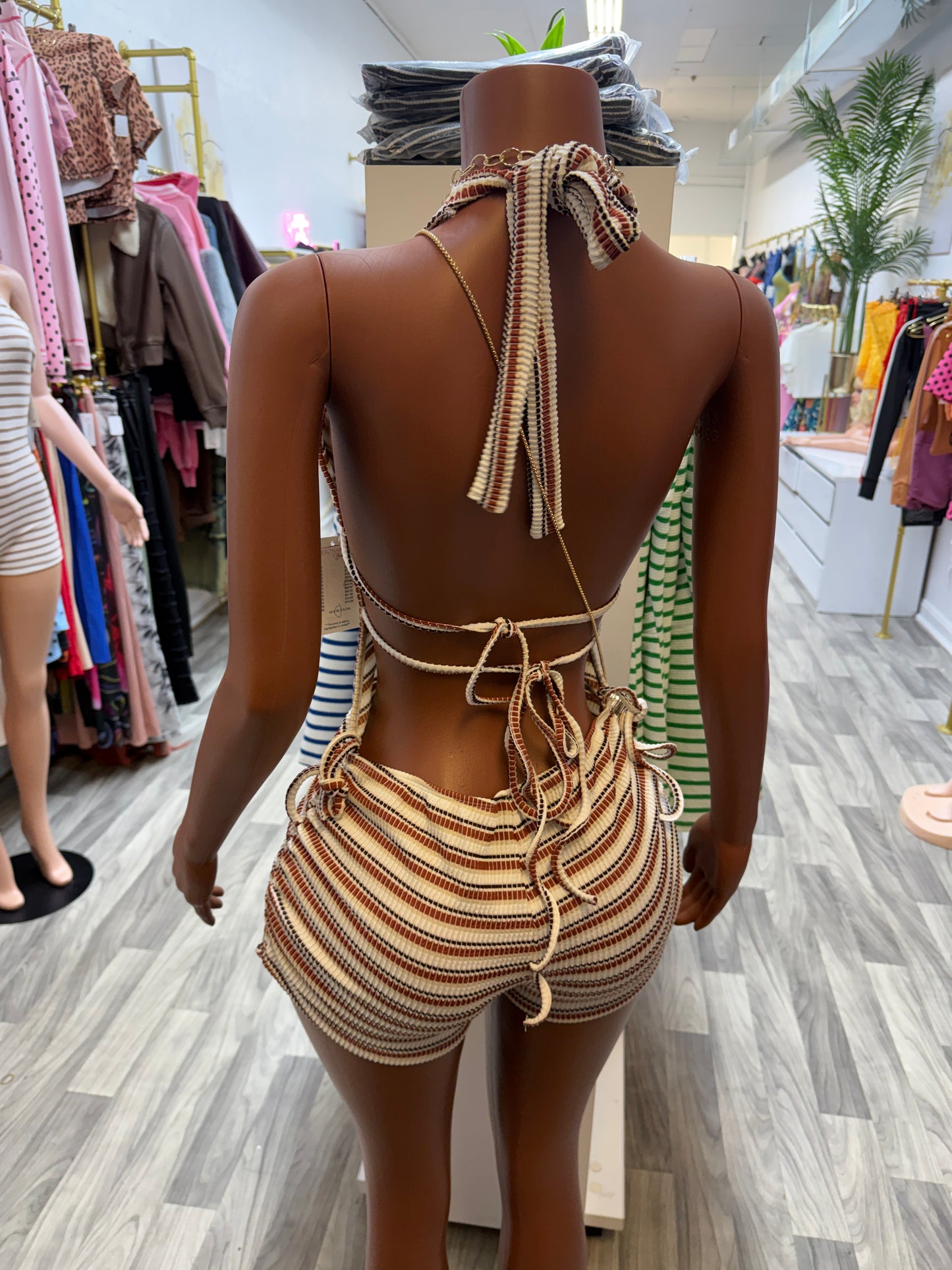 Sunset Escape Striped Halter Romper – Mocha Multi