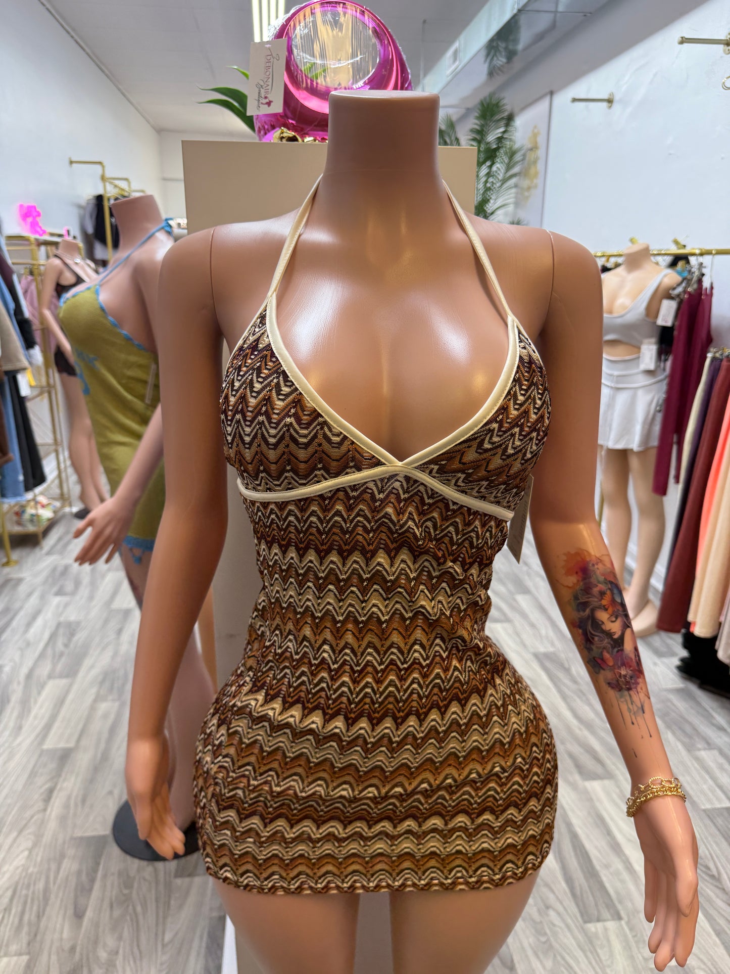Mocha Wave Halter Bodycon Mini Dress