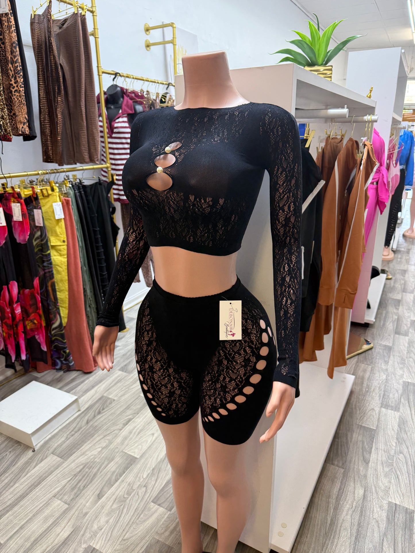 Midnight Temptation Lace Set – Sheer Cutout Crop Top & Biker Shorts