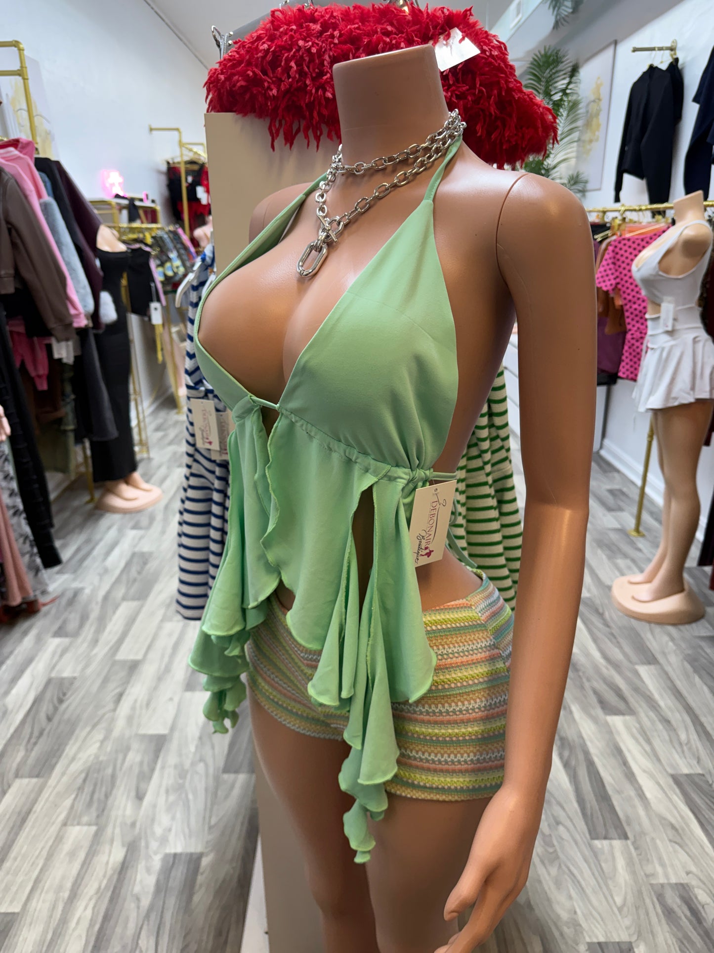 Island Breeze Halter Top & Crochet Knit Shorts Set – Mint Multi