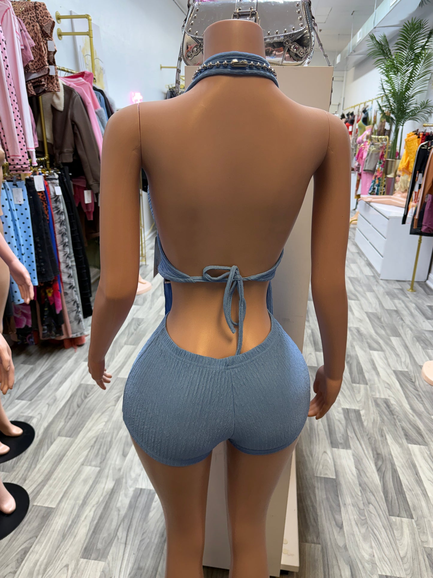 Coastal Crush Halter Tie-Up Short Set – Dusty Blue