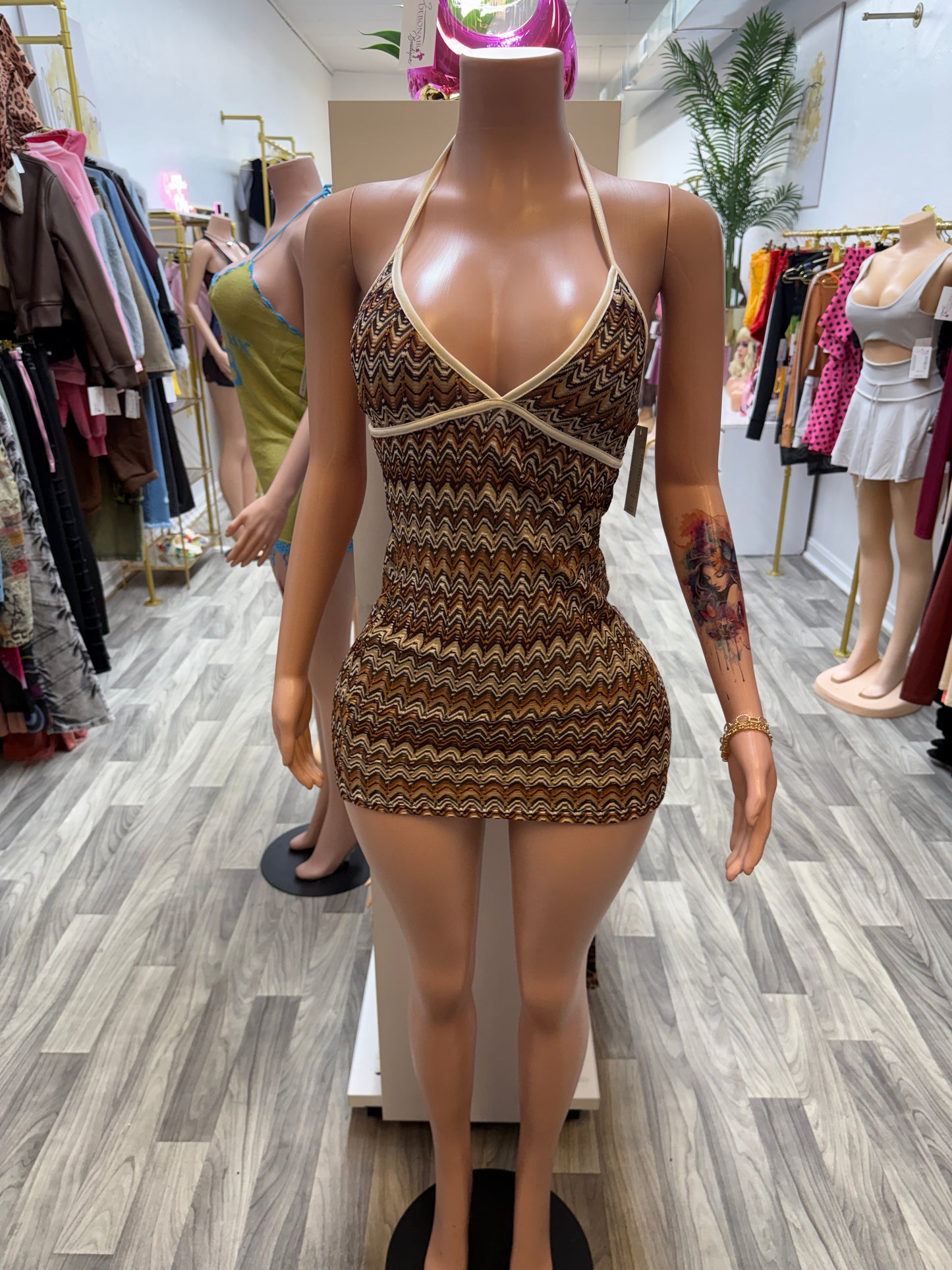 Mocha Wave Halter Bodycon Mini Dress