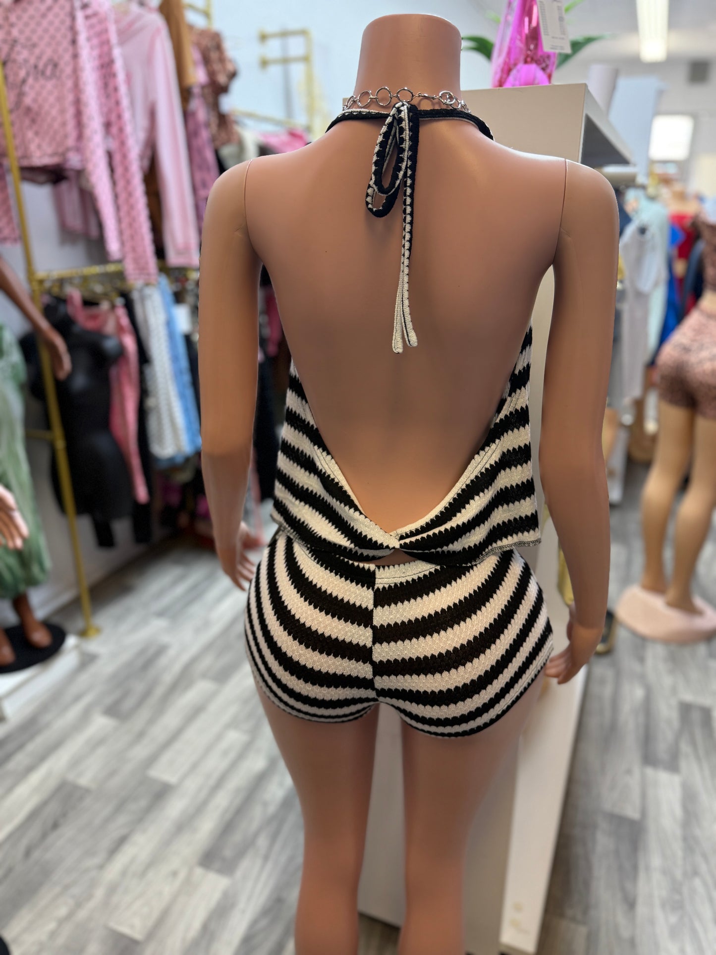 Coastal Chic Crochet Stripe Halter Shorts Set