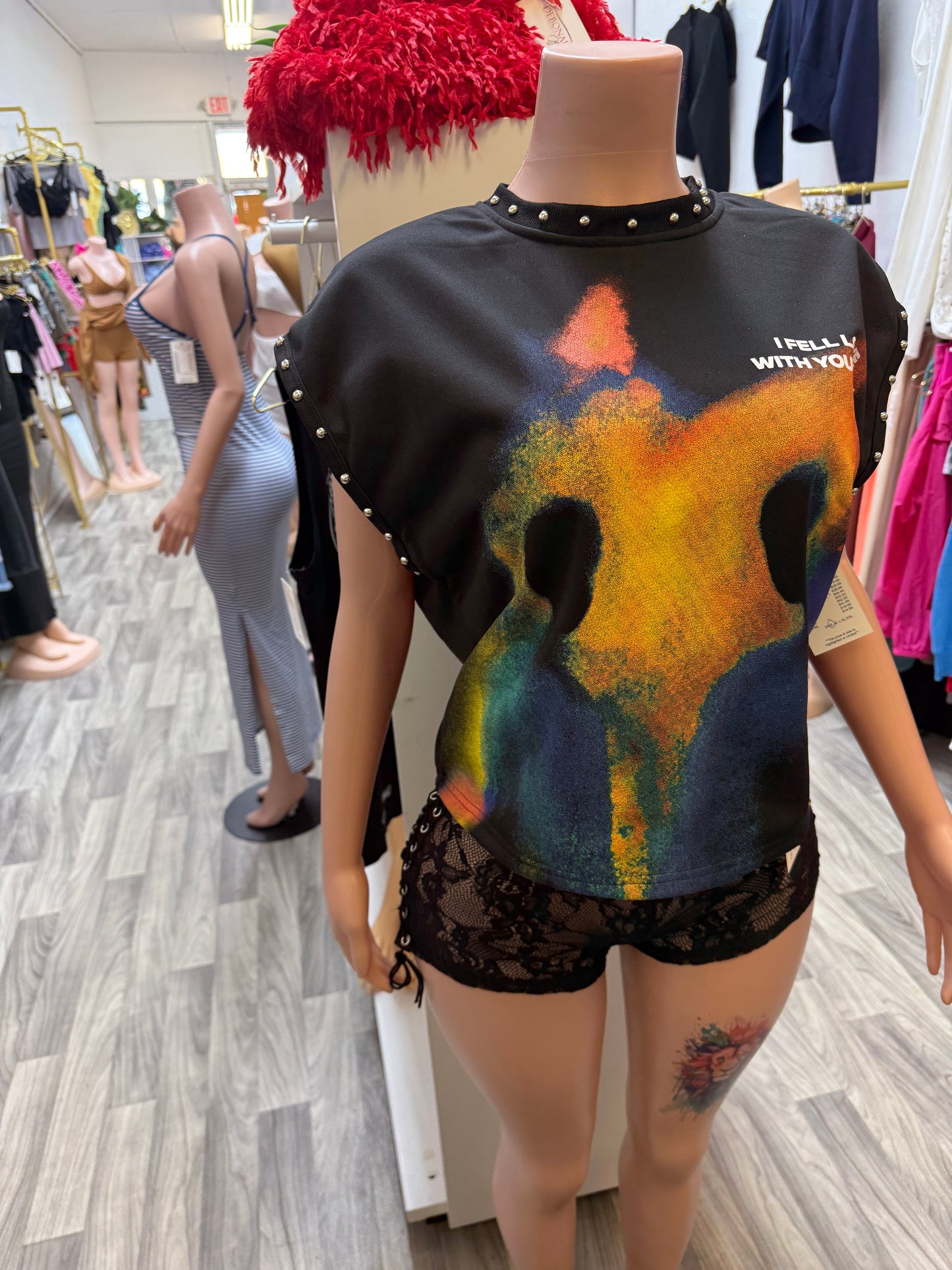 Fallen Love Studded Graphic Tee – Black Oversized Statement Top