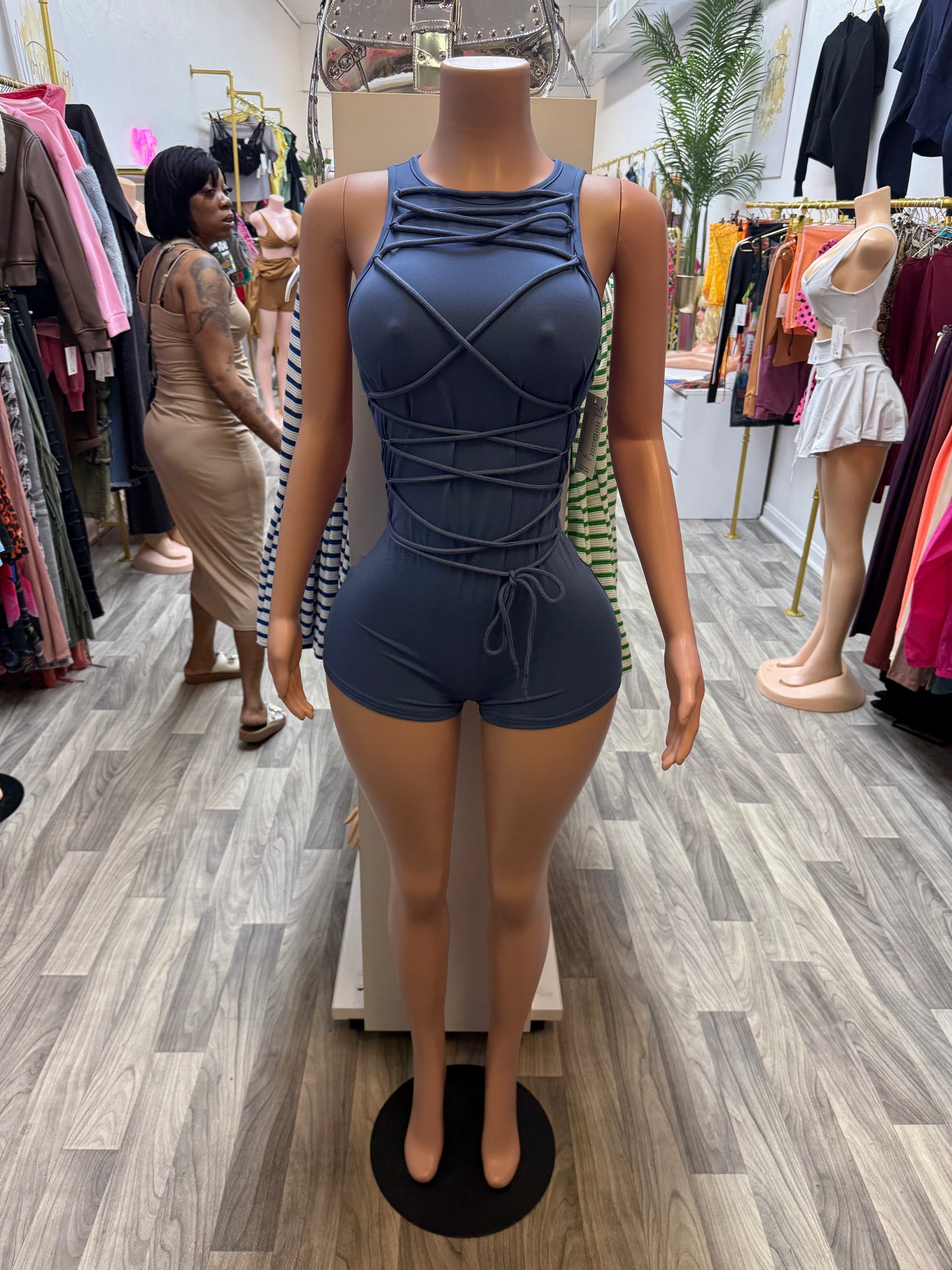 Midnight Muse Lace-Up Romper – Slate Blue