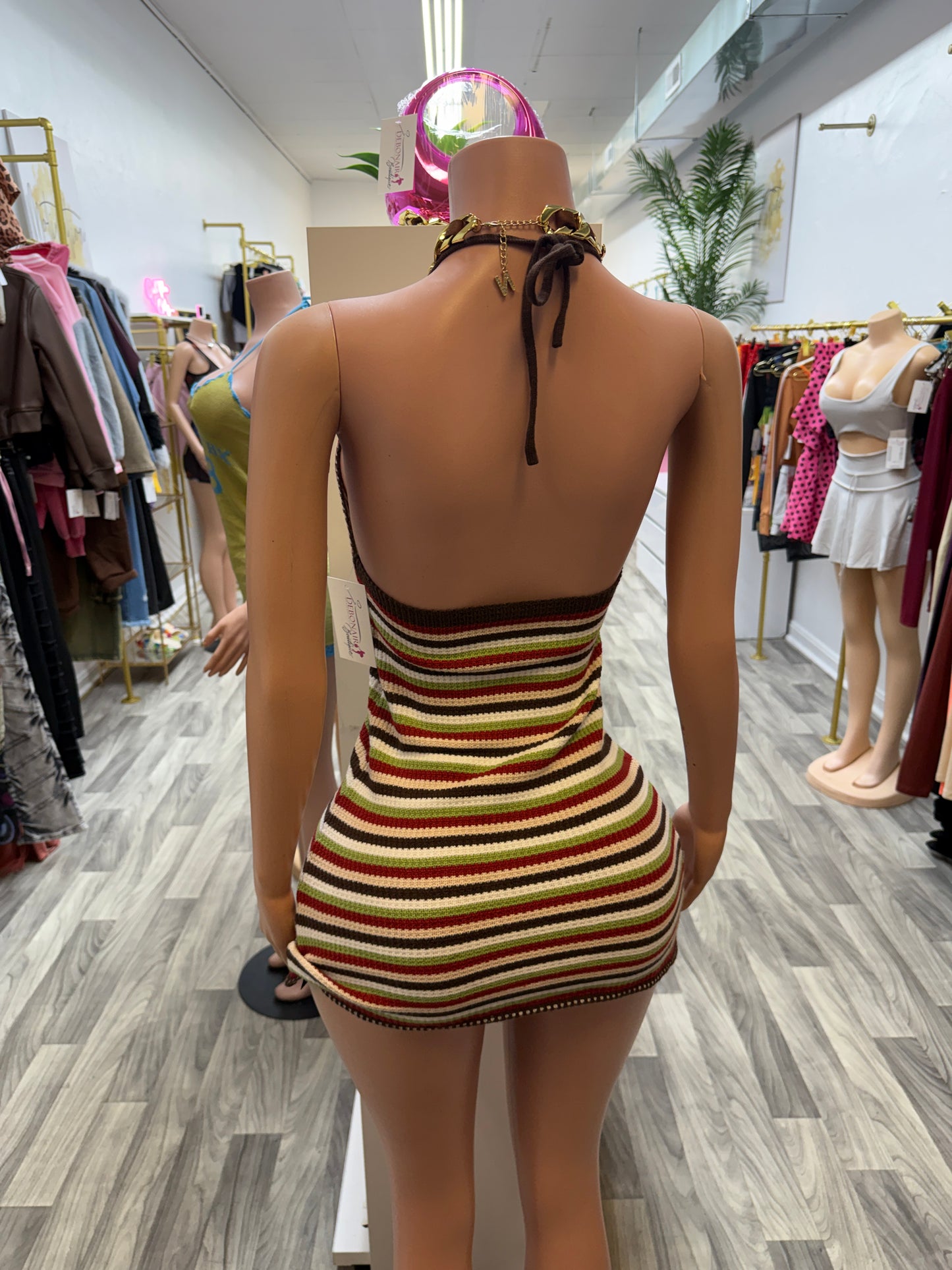Retro Stripe Halter Knit Bodycon Mini Dress