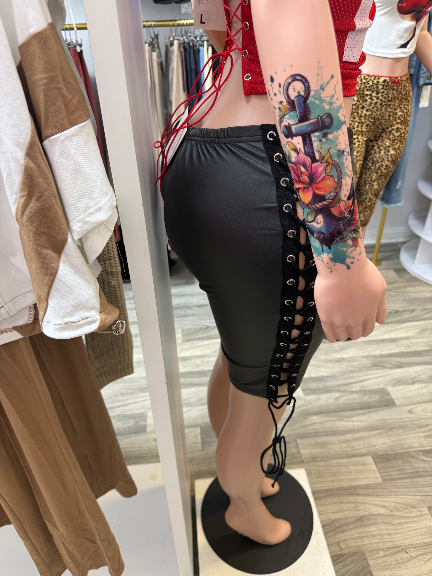 Lace-Up Curve Snatching Faux Leather Biker Shorts (Side Detail)