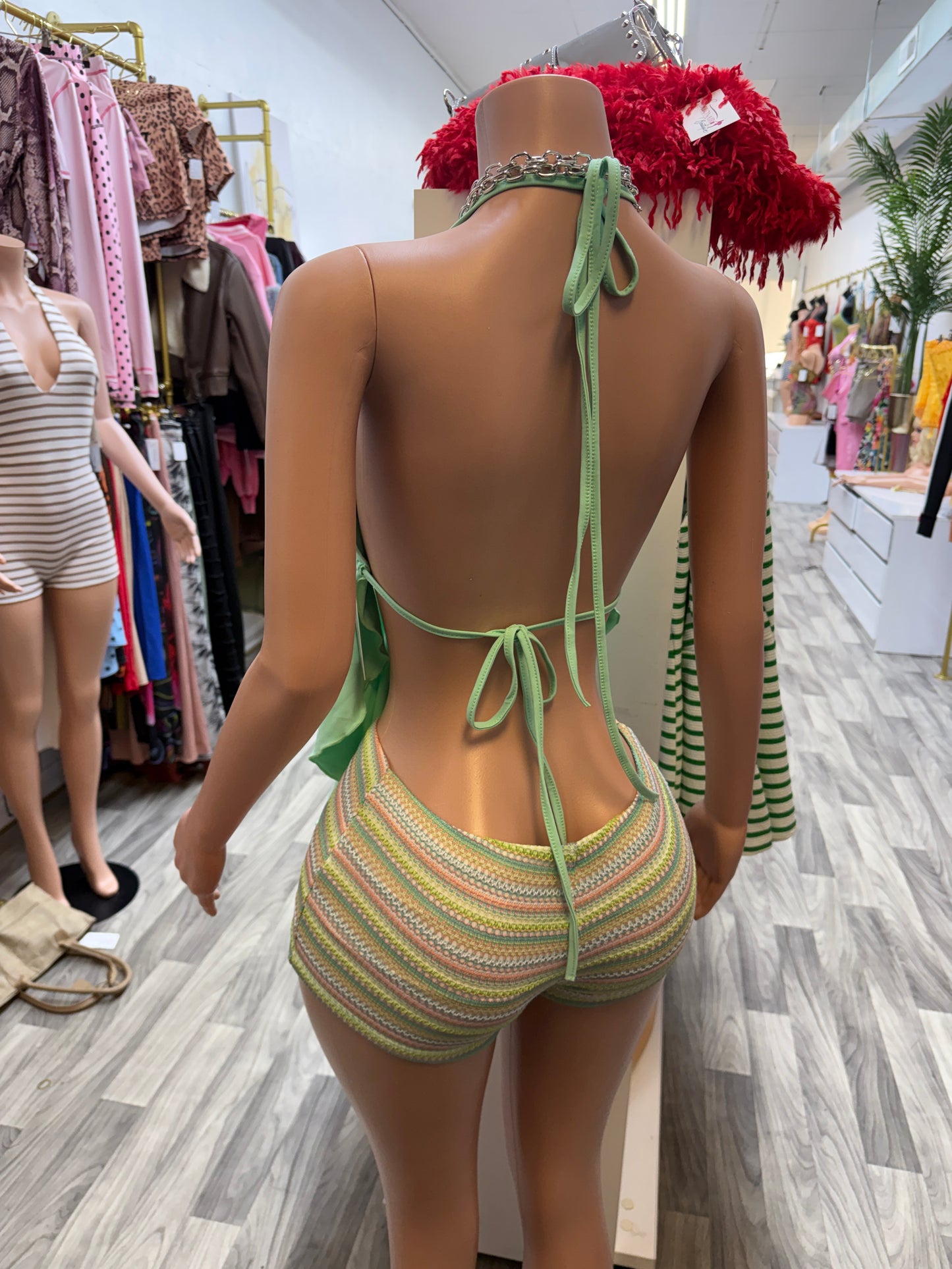 Island Breeze Halter Top & Crochet Knit Shorts Set – Mint Multi
